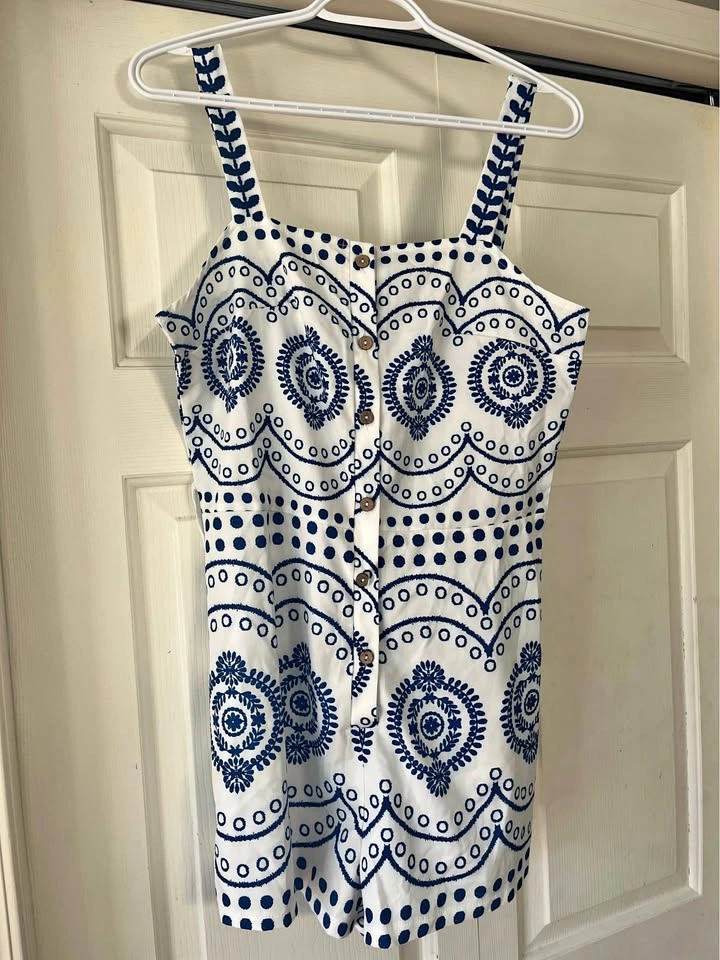 Blue and White Embroidered Button-Down Romper