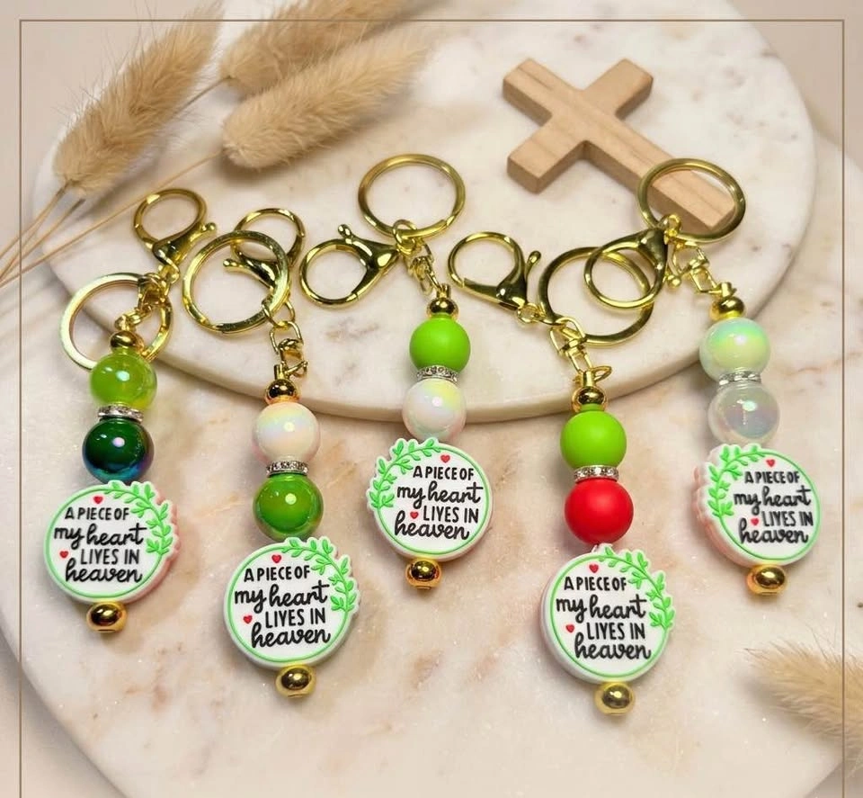 "A piece of my heart lives in heaven" beaded keychain