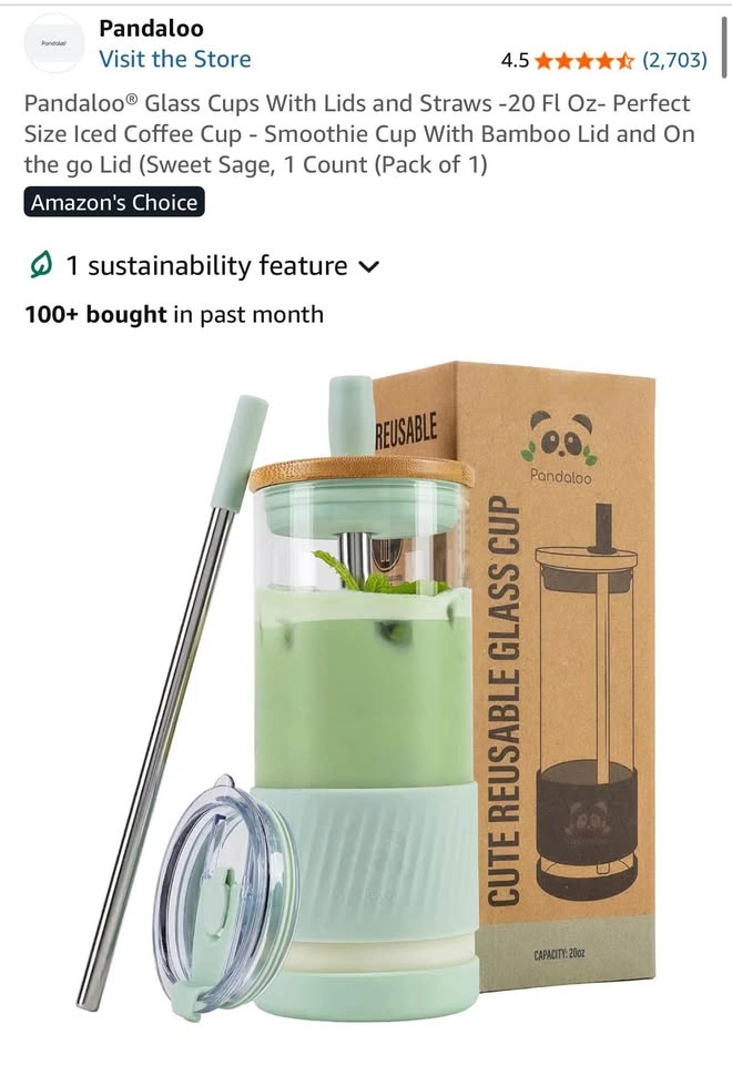 Brand New Pandaloo Glass Cup w/ Bamboo Lid & Straws – 20oz 🌿🥤 - photo 5