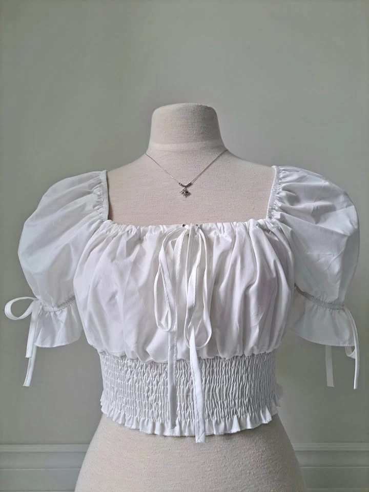 🤍 White Coquette Milkmaid Puff Sleeve Cropped Top