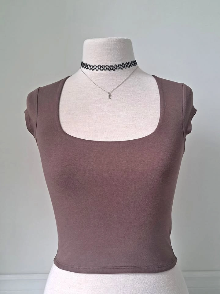 ☕️ Mocha Brown Square Neckline Cropped Top - Garage