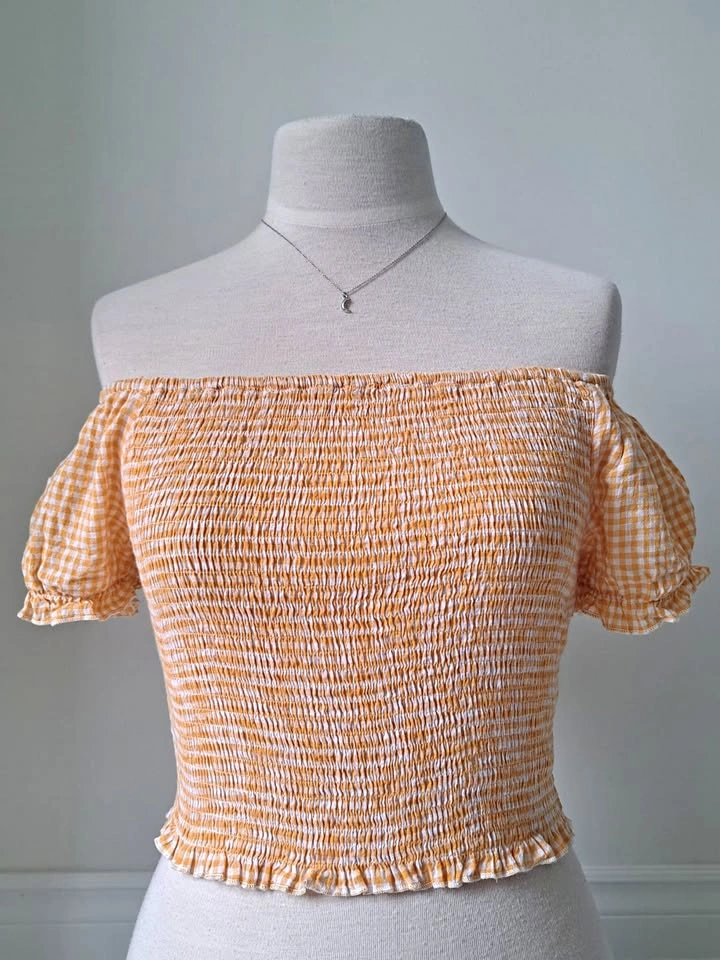 🌼 Yellow & White Gingham Off Shoulder Cropped Top