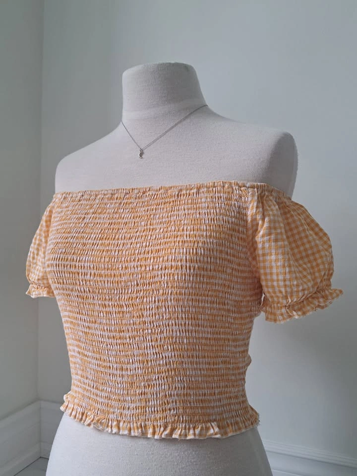 🌼 Yellow & White Gingham Off Shoulder Cropped Top - photo 2