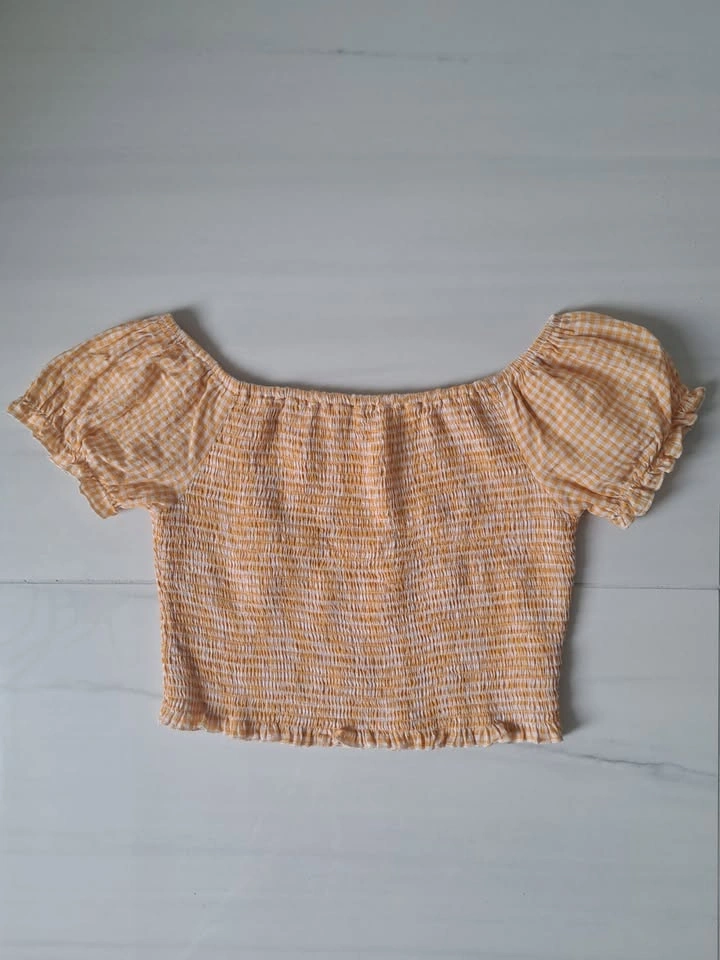 🌼 Yellow & White Gingham Off Shoulder Cropped Top - photo 3