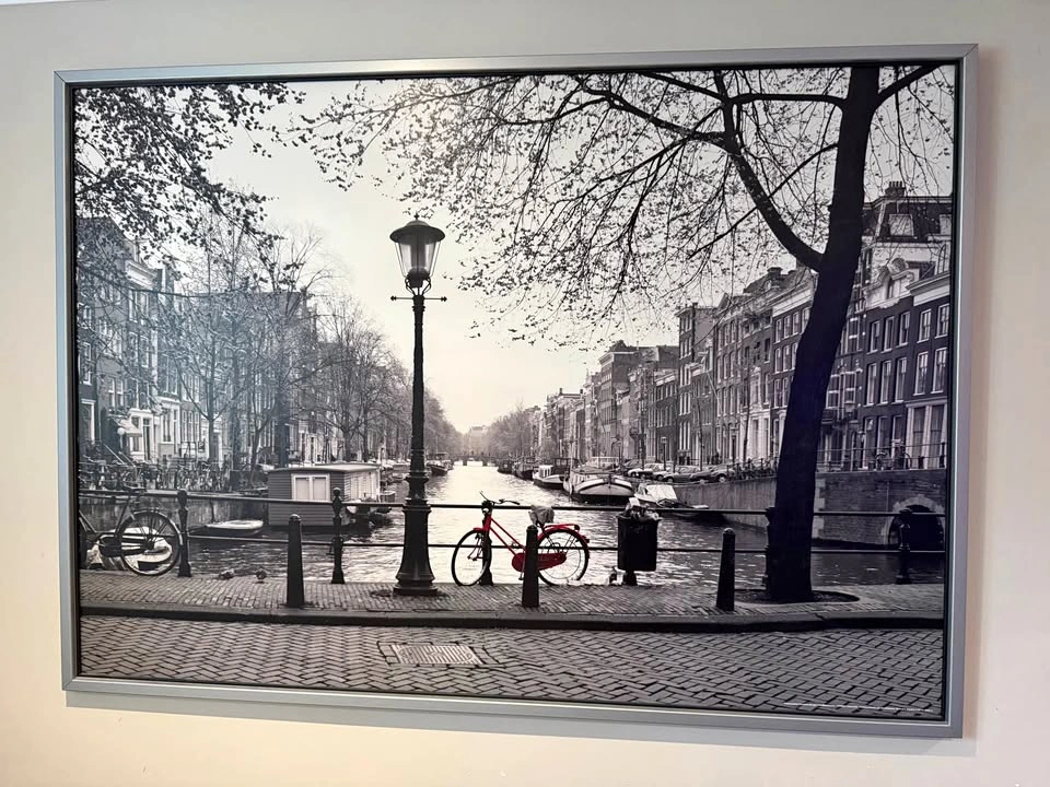 Large IKEA Amsterdam Canal Wall Art - Black & White with Red Bic