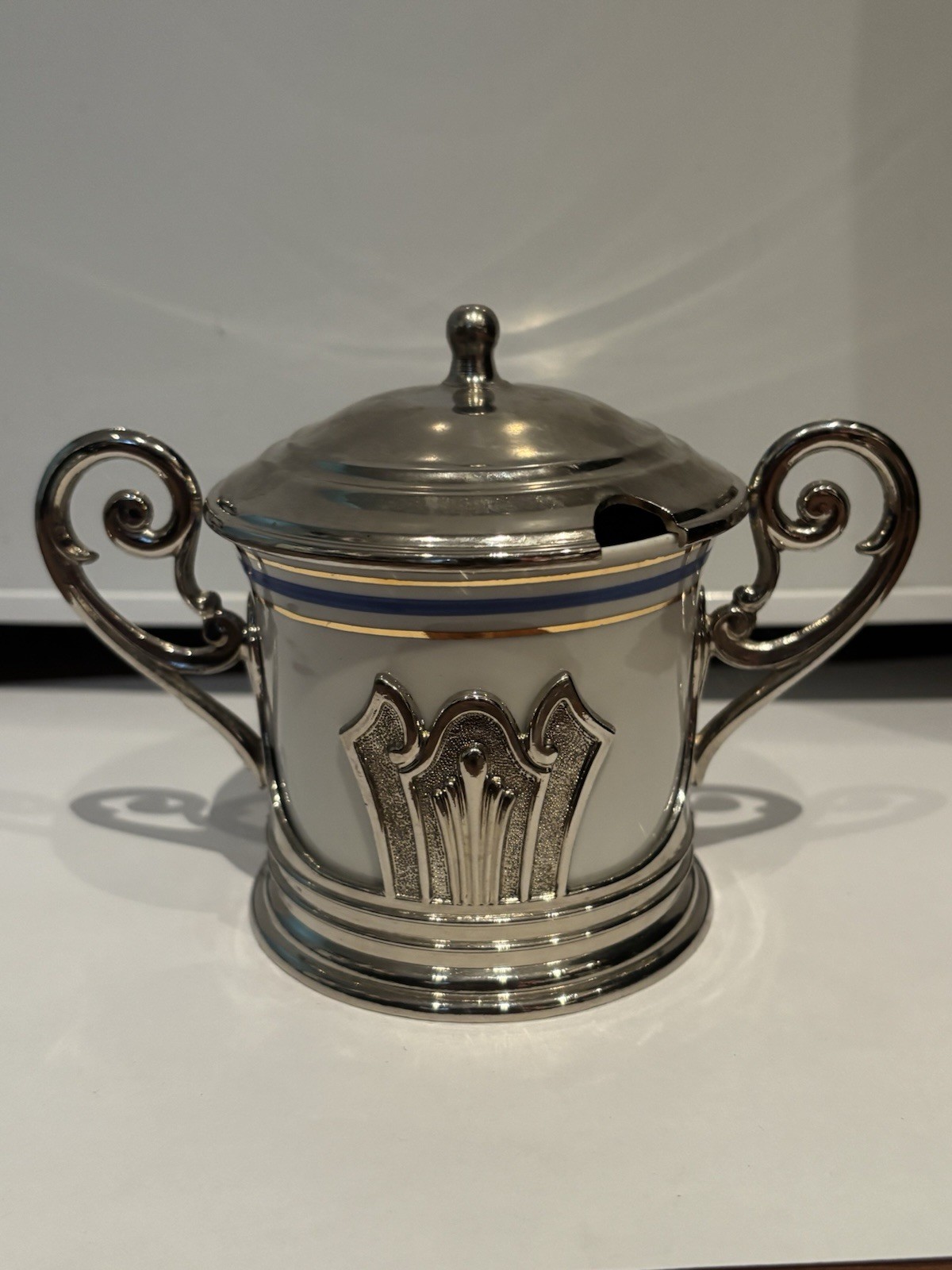 Vintage EP. Zinc Silver-plate and Porcelain Italian Sugar Bowl