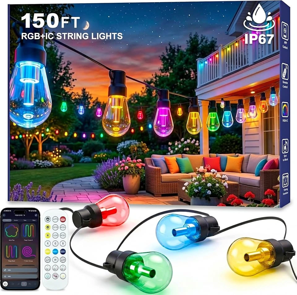 Outdoor String Lights, 150FT RGB+IC Outside Light