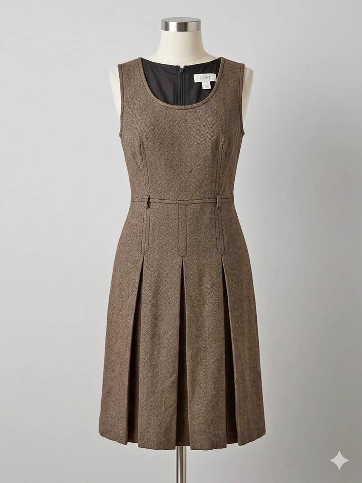Loft Brown Tweed Pleated Dress XS