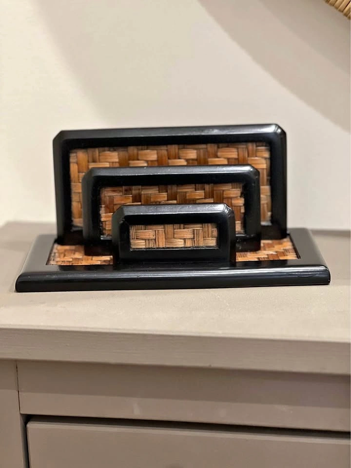 Woven Rattan and Black Wood Letter Holder