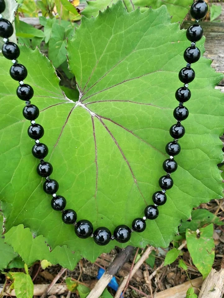 Handmade Black Tourmaline Obsidian Necklace Silver Clasp