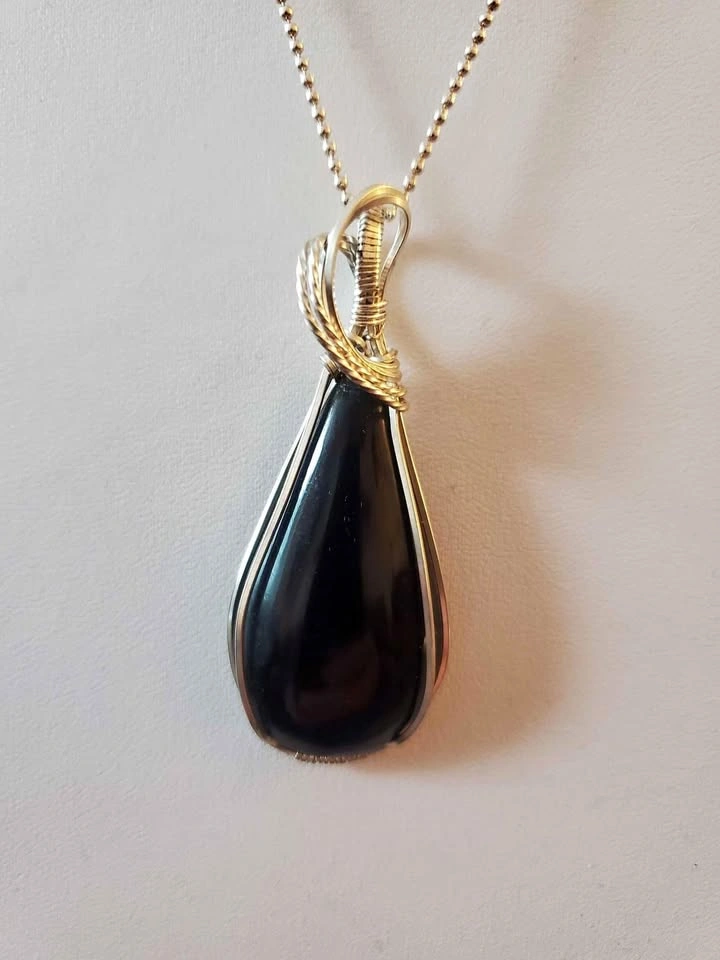 Tear Shaped Black Obsidian Pendant in Silver