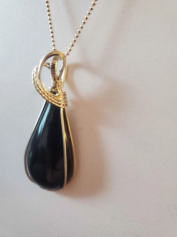 Tear Shaped Black Obsidian Pendant in Silver - photo 2