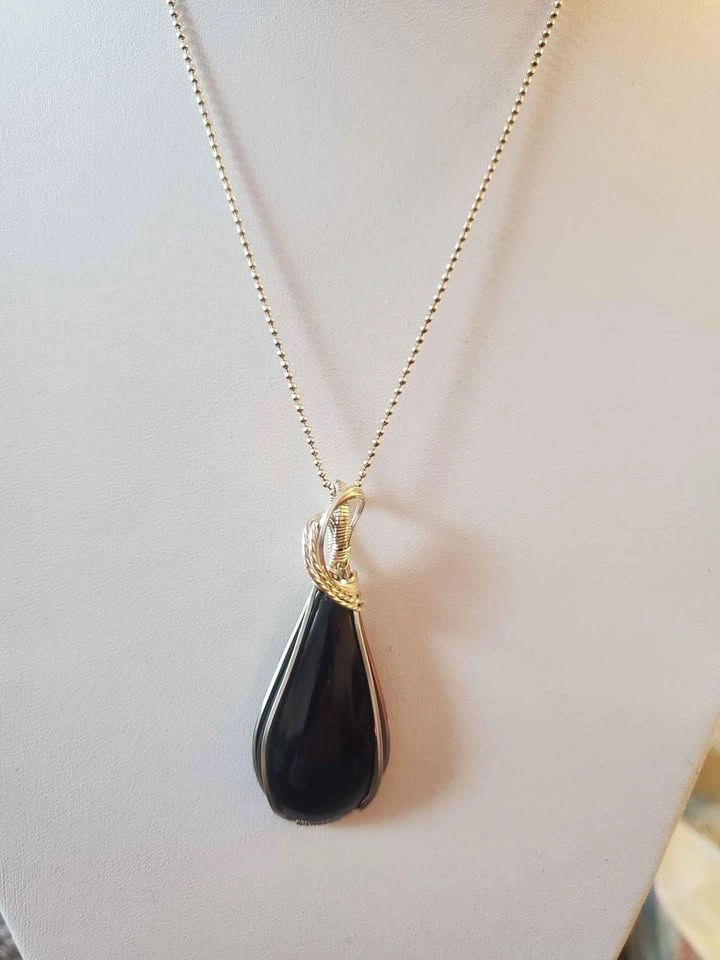 Tear Shaped Black Obsidian Pendant in Silver - photo 3