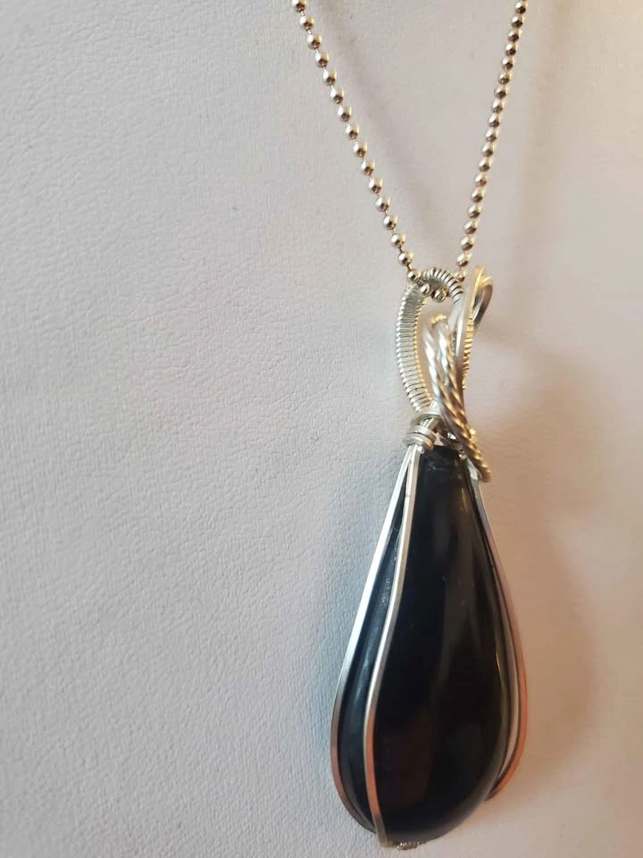 Tear Shaped Black Obsidian Pendant in Silver - photo 4