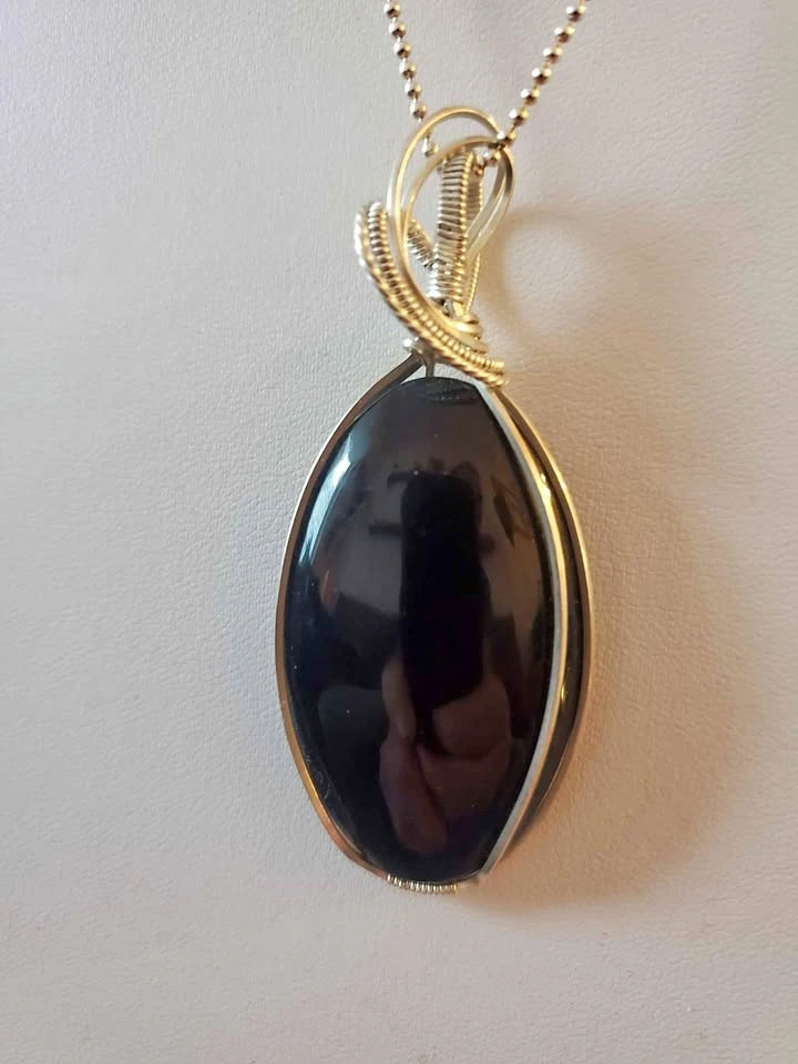 Black Obsidian Pendant with Silver Wrapping