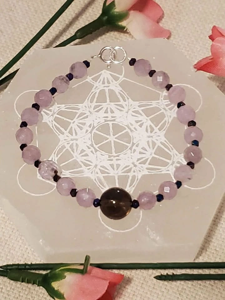 Handmade Amethyst, Smoke Quartz bracelet with silver spring clas