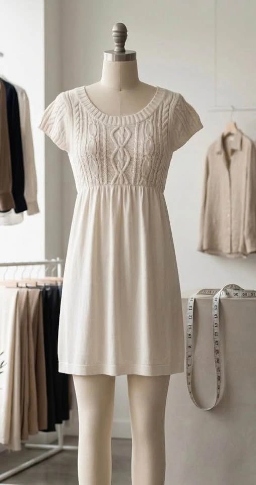 Cream Short Cable Knit Sweater Dress XS