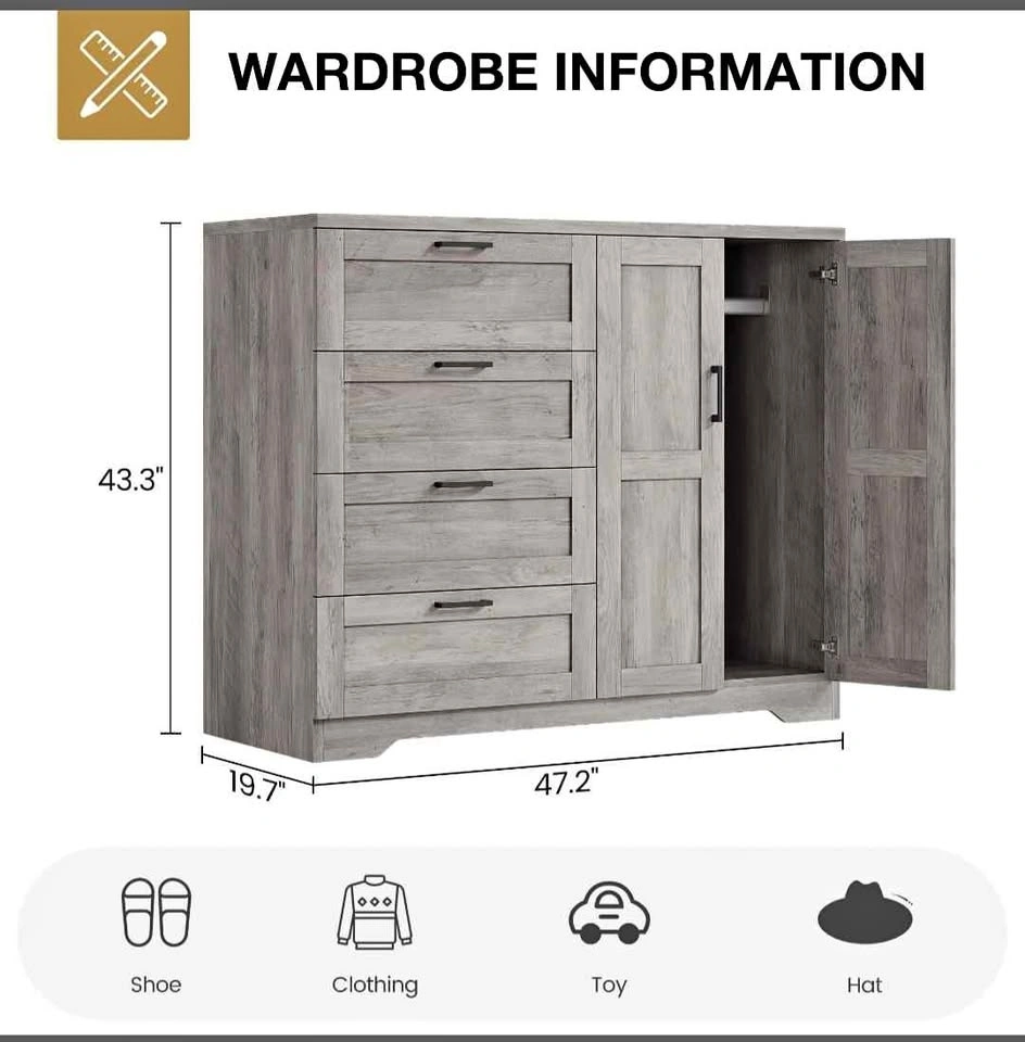 Grey Armoire Wardrobe Closet - 4 Drawers, 2 Doors