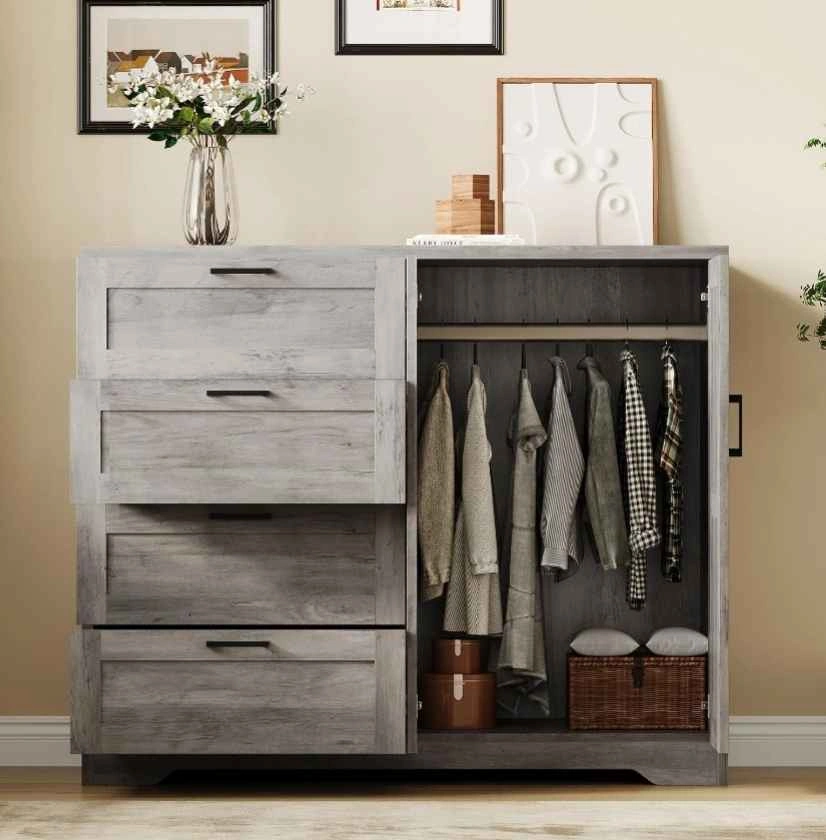 Grey Armoire Wardrobe Closet - 4 Drawers, 2 Doors - photo 3