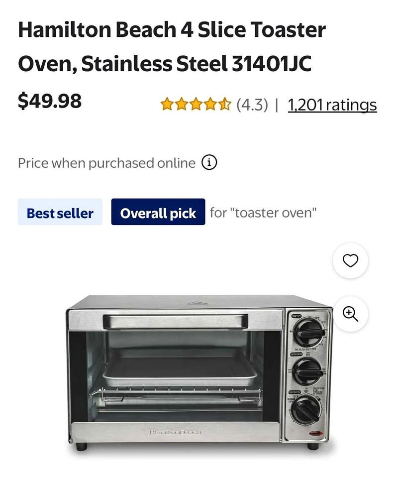 Hamilton Beach 4 Slice Toaster Oven, Stainless Steel 31401JC