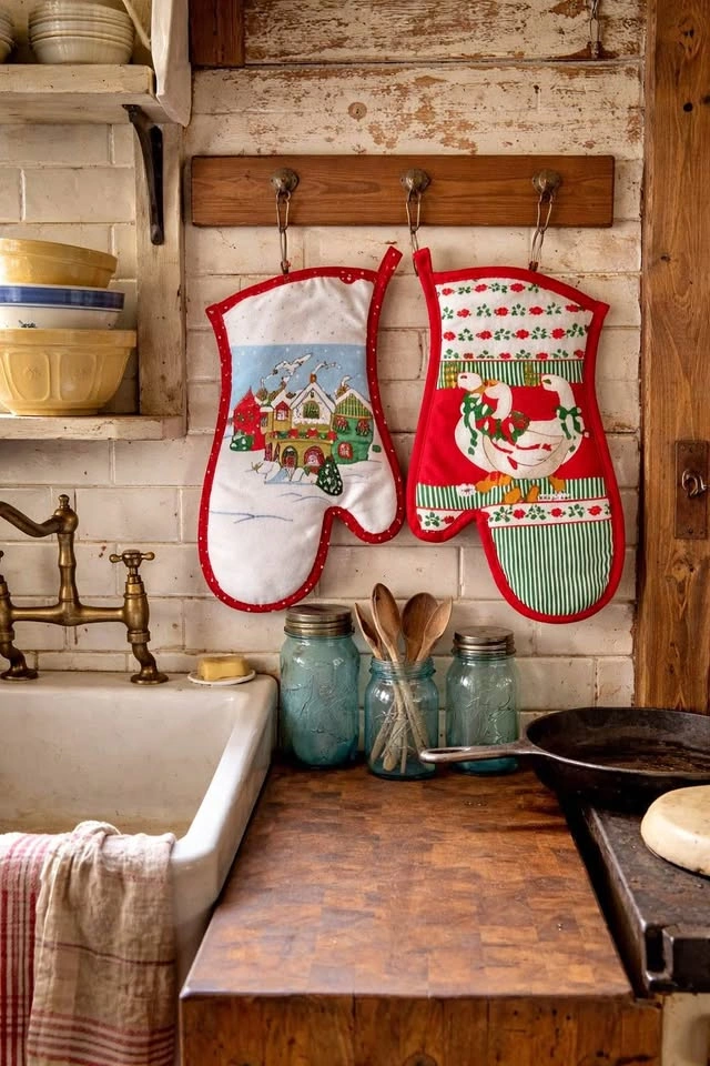 Vintage Christmas Oven Mitt Set 1988 Holiday Geese Snow Village