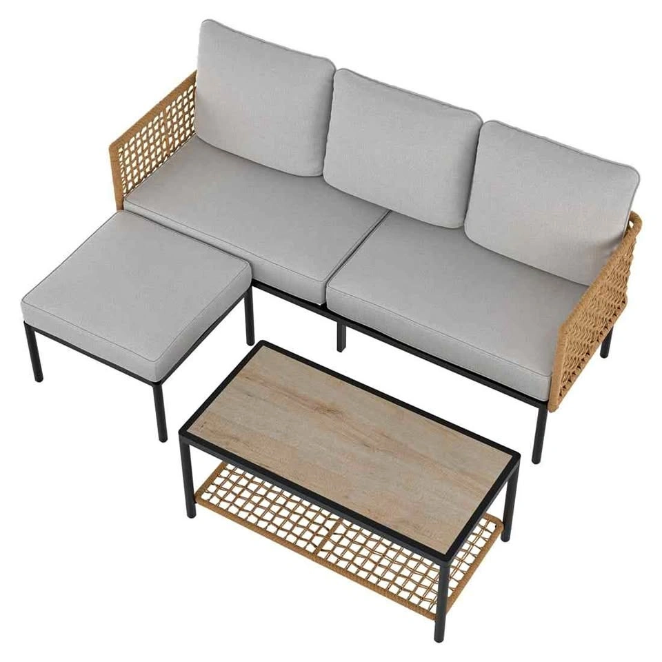 HOMETRENDS Lasso 3-Piece Steel Outdoor Sectional Set w/ Table &