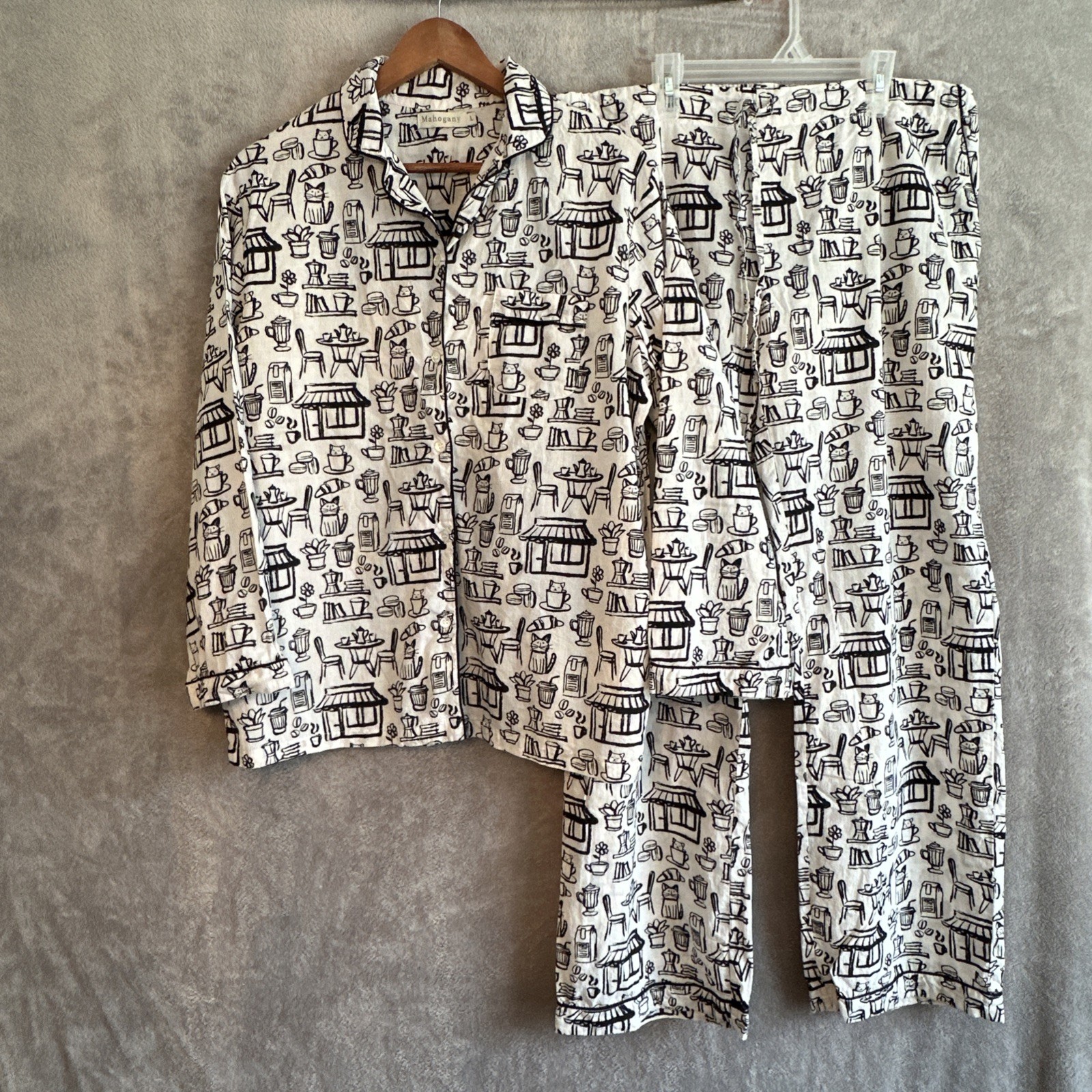 Mahogany Cat Cafe Print Pajama Set - Women's L