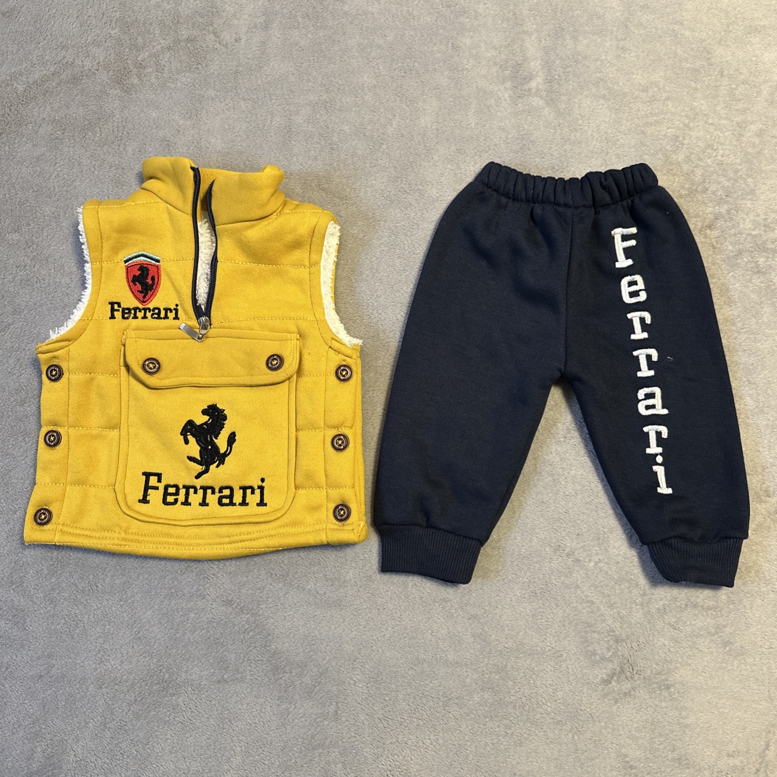Ferrari Baby Outfit Vest Pants Size 1 Blue Yellow Sherpa 90s Log