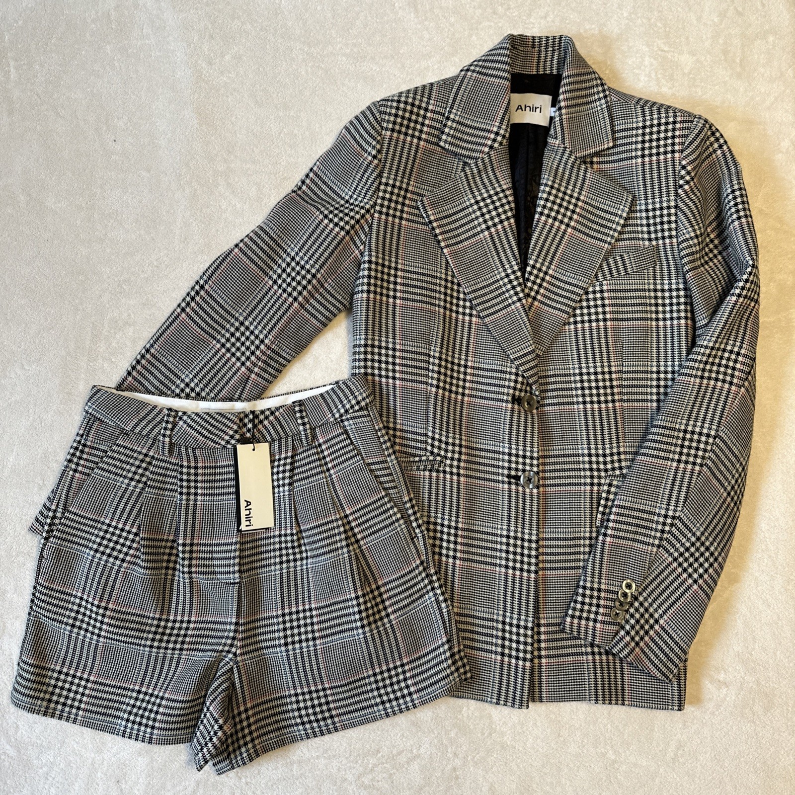 AHIRI Plaid Blazer & Shorts Set Size 4 Tan Black Glen Check