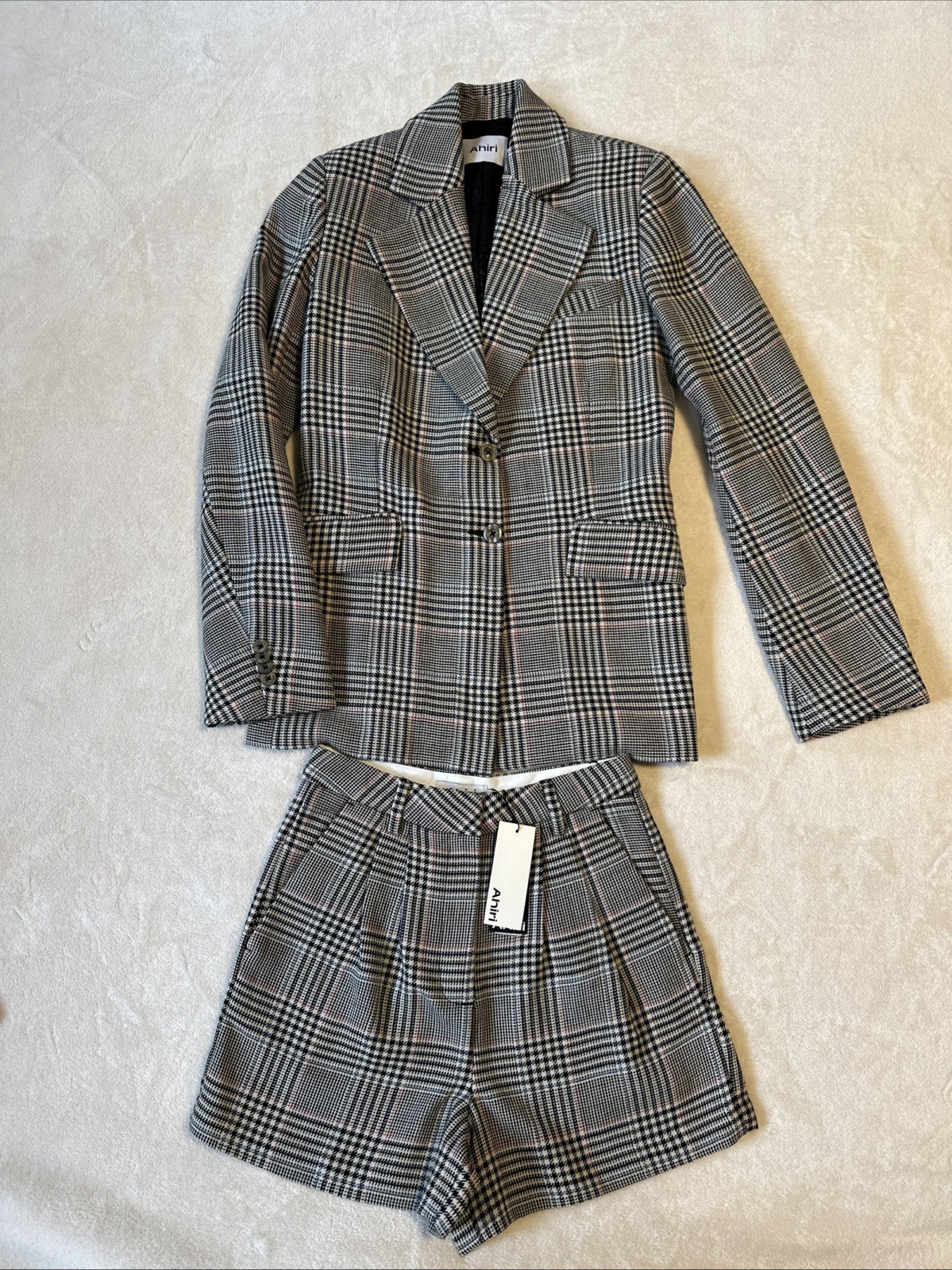 AHIRI Plaid Blazer & Shorts Set Size 4 Tan Black Glen Check - photo 2