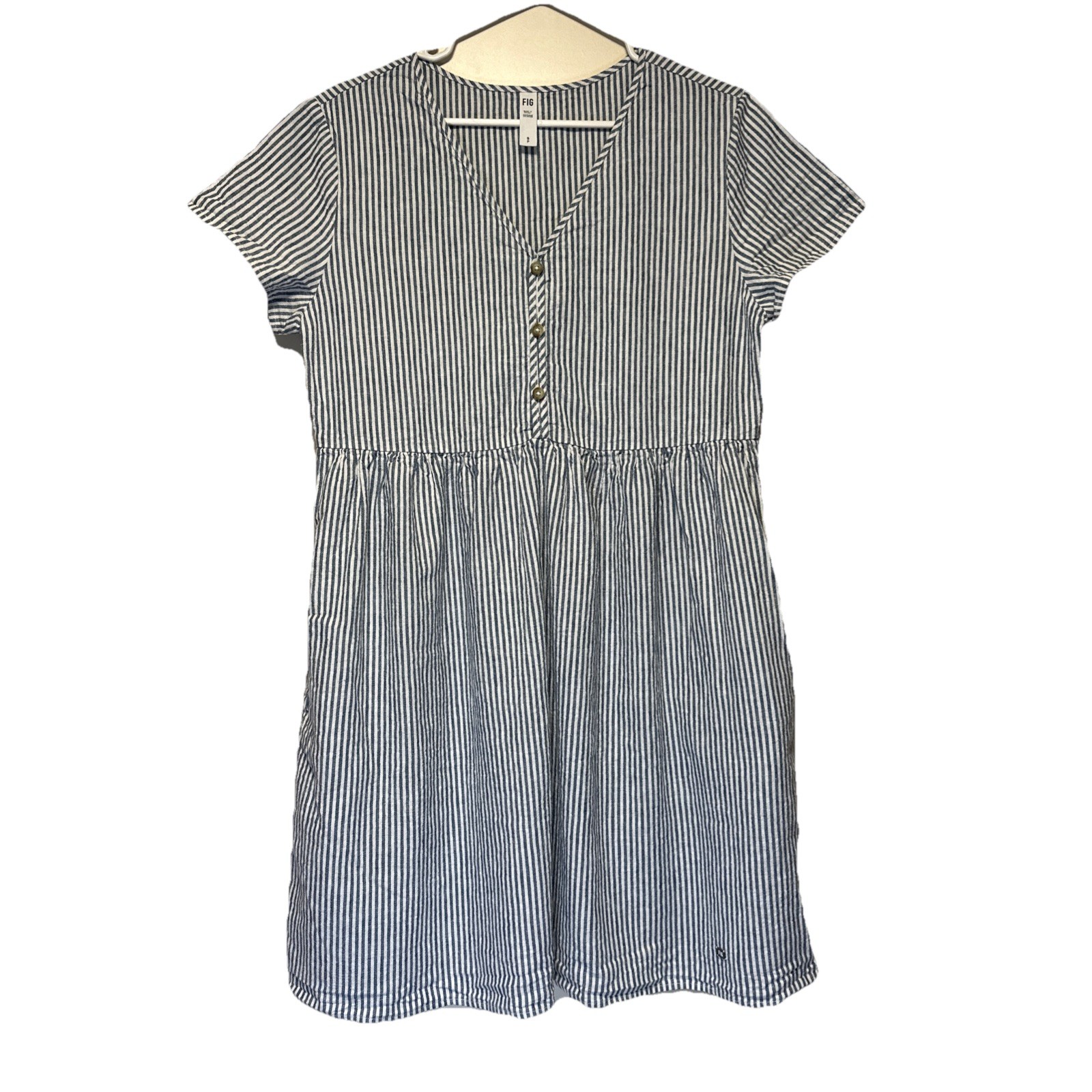 FIG Morah Linen Dress Women's Small Blue White Stripe Beach Vaca