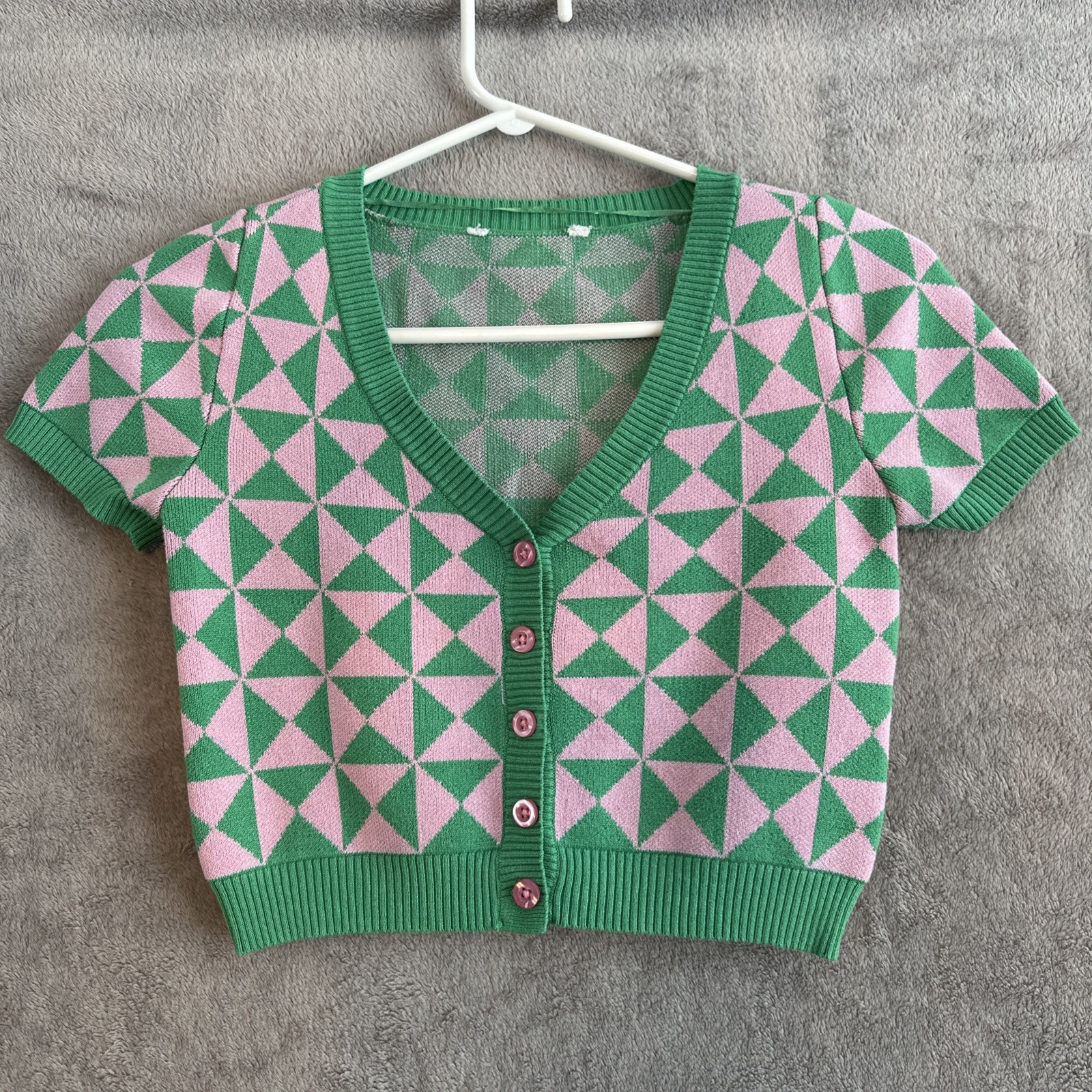 Bluenotes Pink Green Geometric Crop Cardigan Small