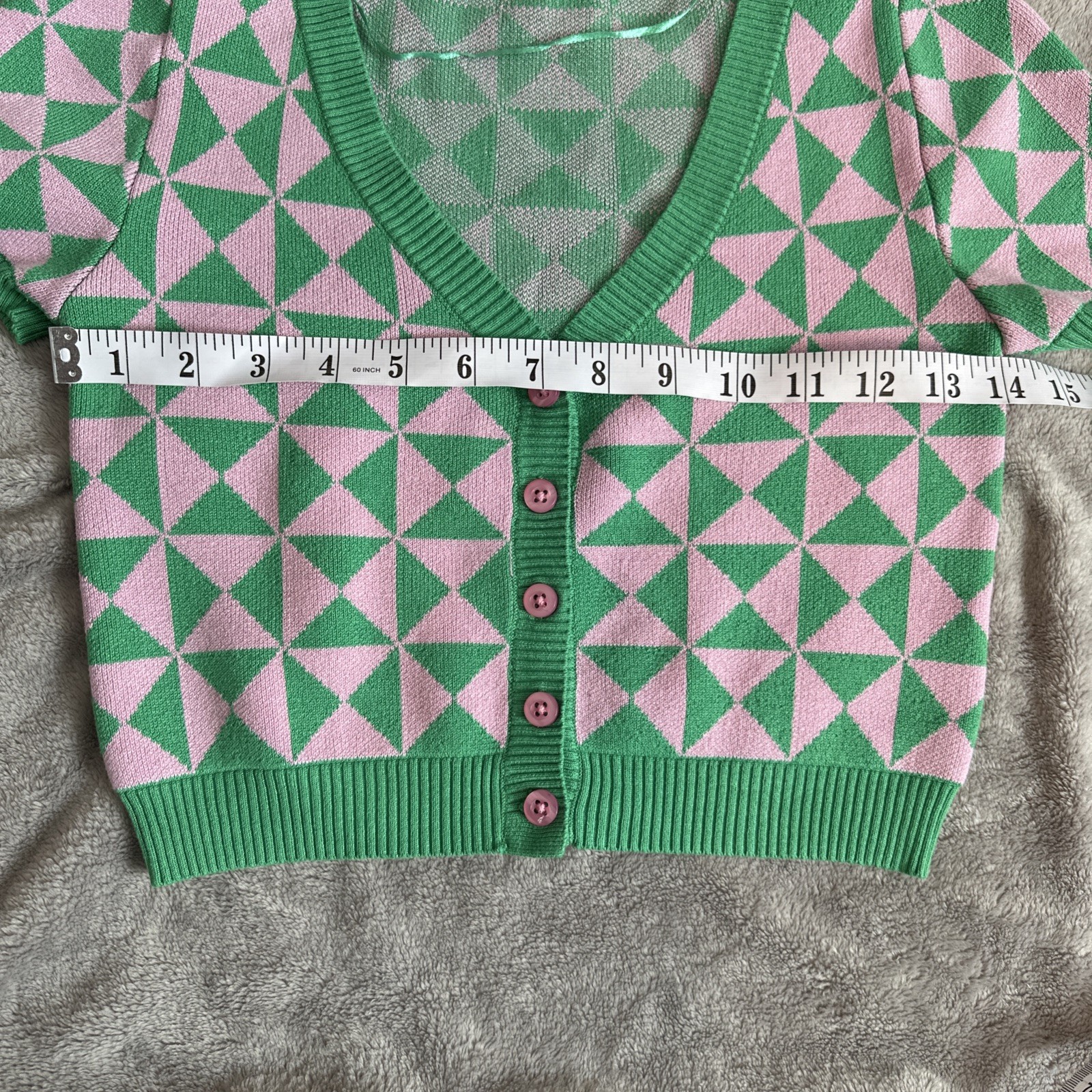 Bluenotes Pink Green Geometric Crop Cardigan Small - photo 3