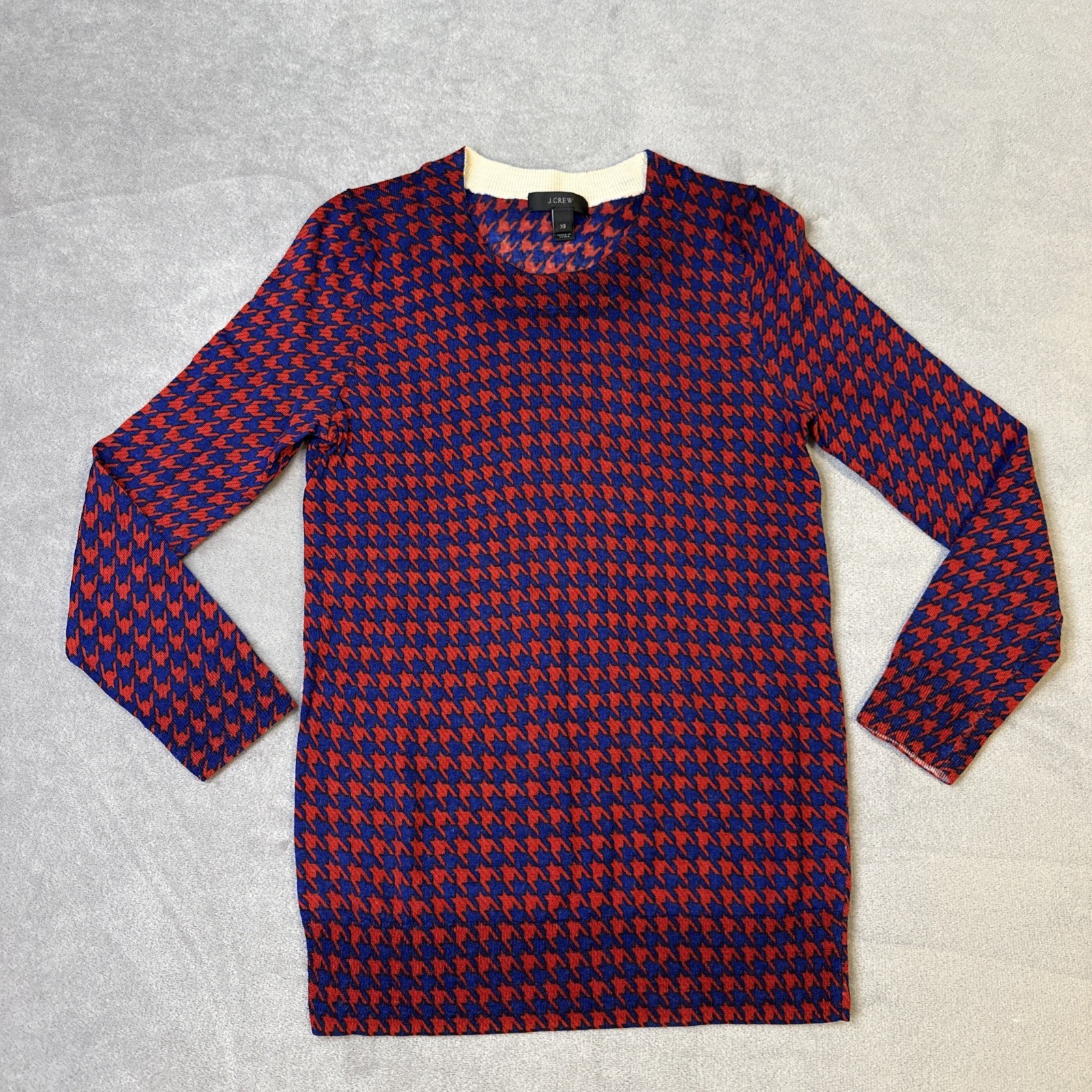 J. Crew Sweater Women's XS Tippi Blue Red Houndstooth 100% Merin