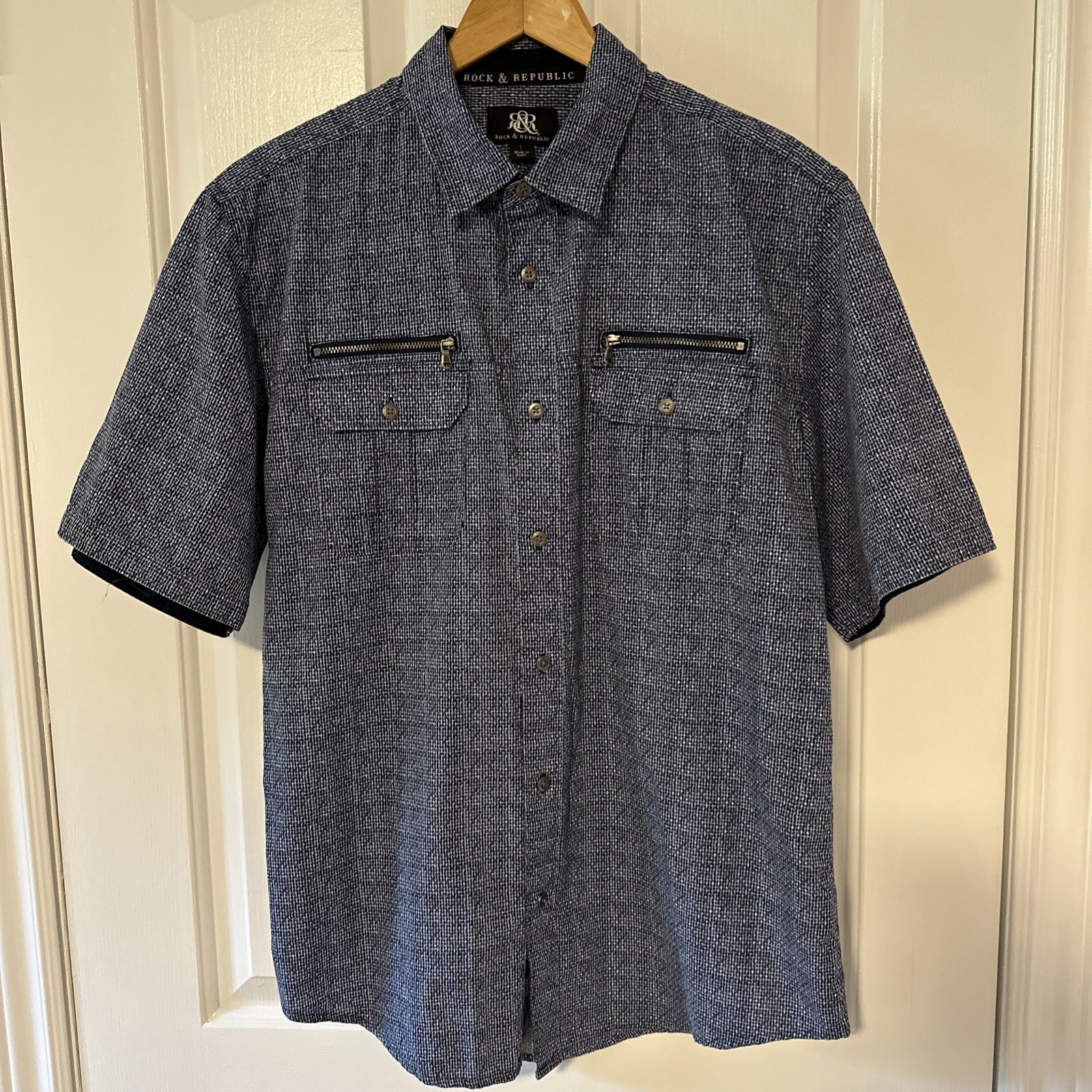 Rock & Republic Men's Short Sleeve Button Up Shirt - Blue - Size