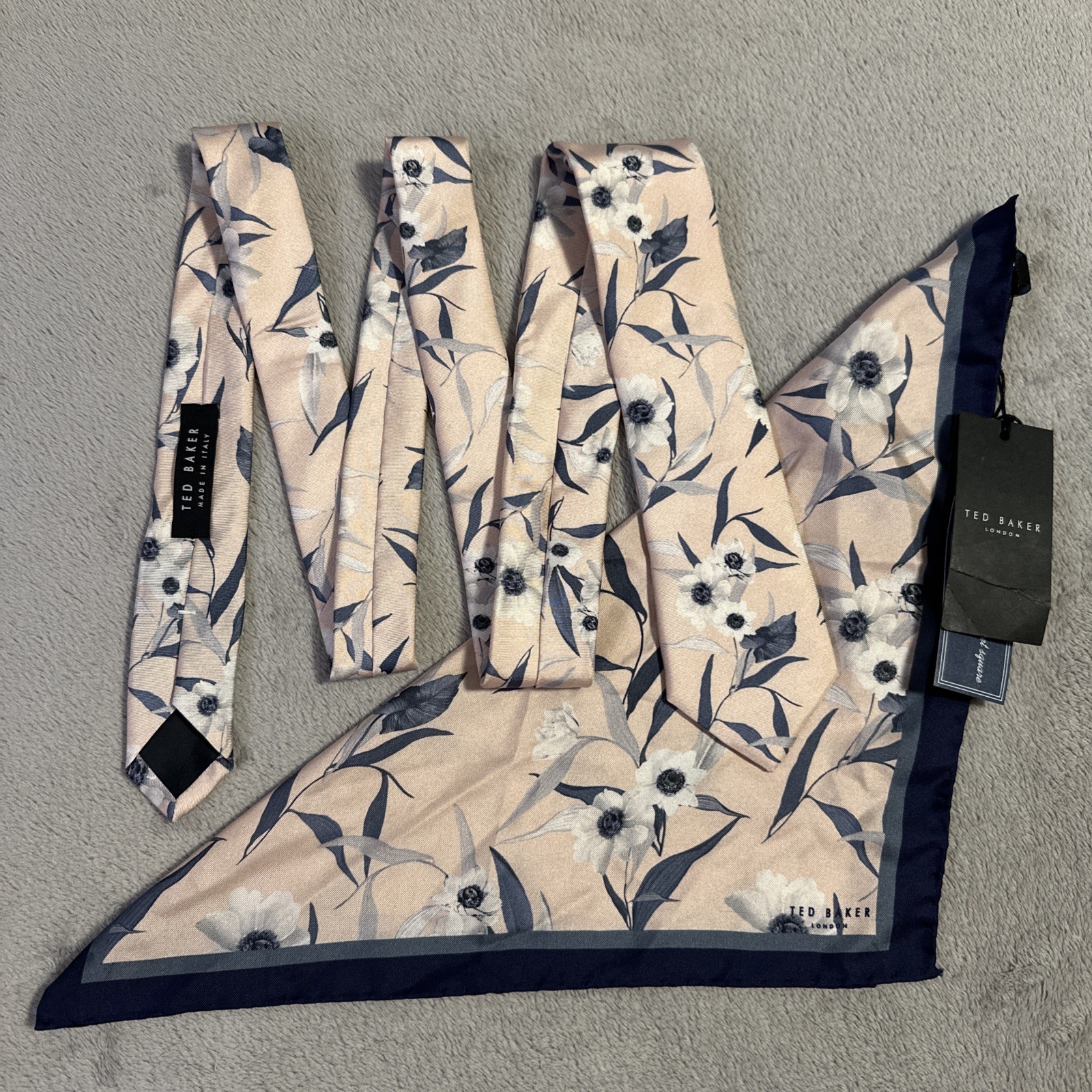 Ted Baker Blue Floral Silk Tie & Pocket Square Set - Made in Ita