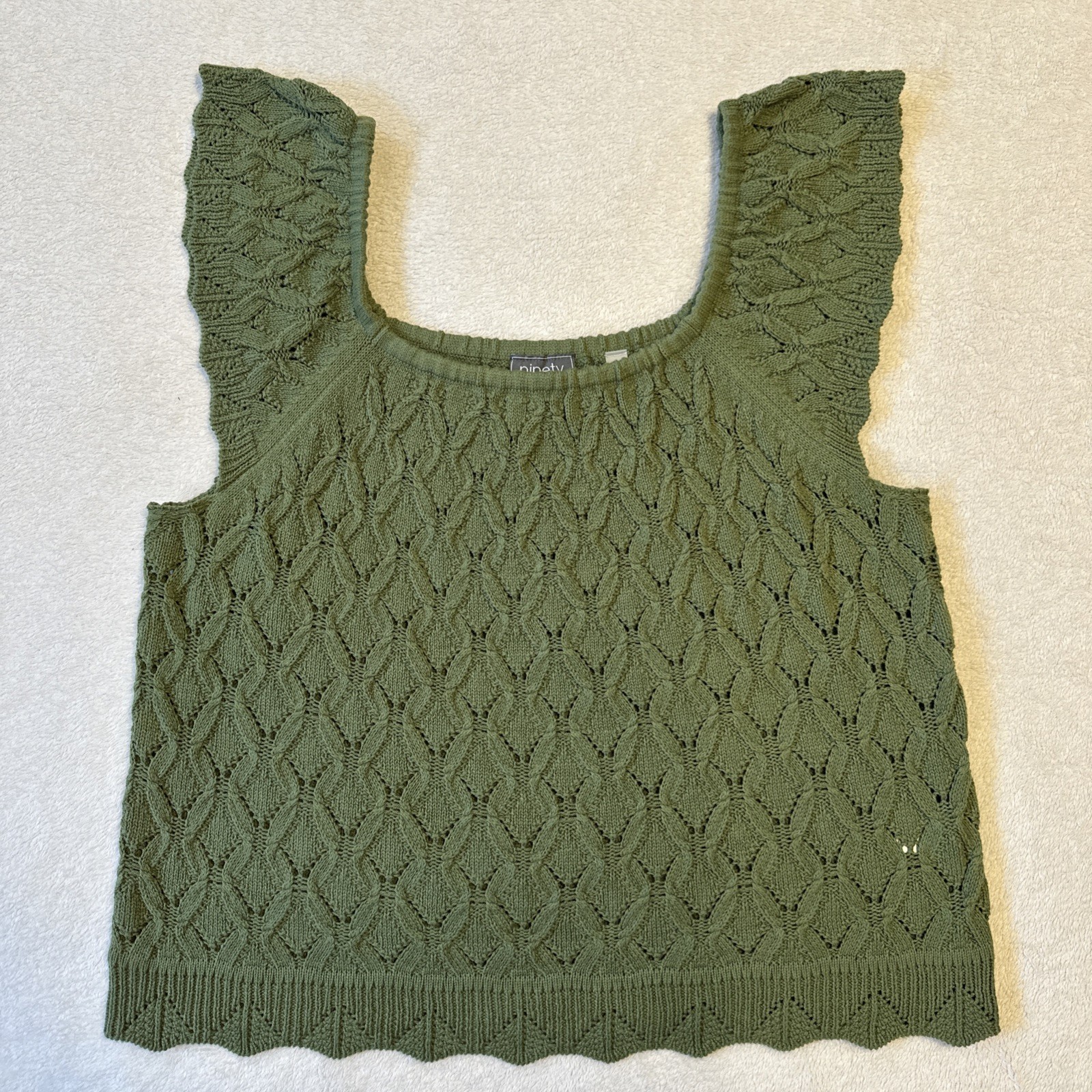 Ninety Clothing Co Sage Green Pointelle Knit Ruffle Tank Top L