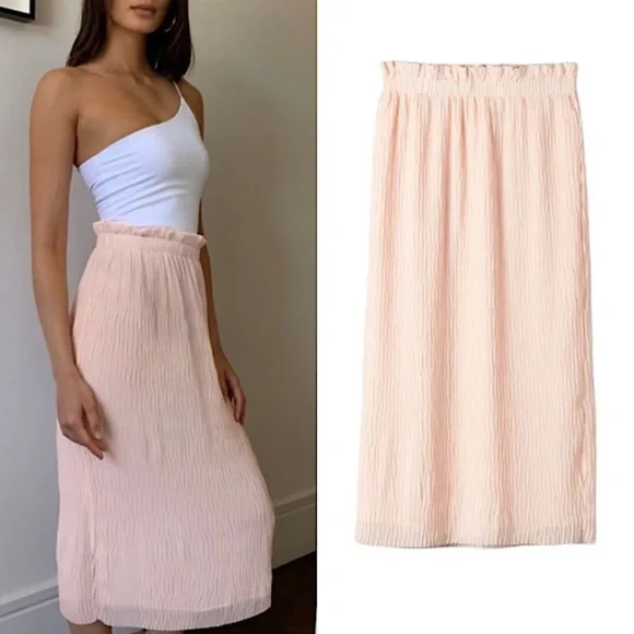 Babaton Gabriola Skirt Pink Midi Lightweight Crinkle Lined Small
