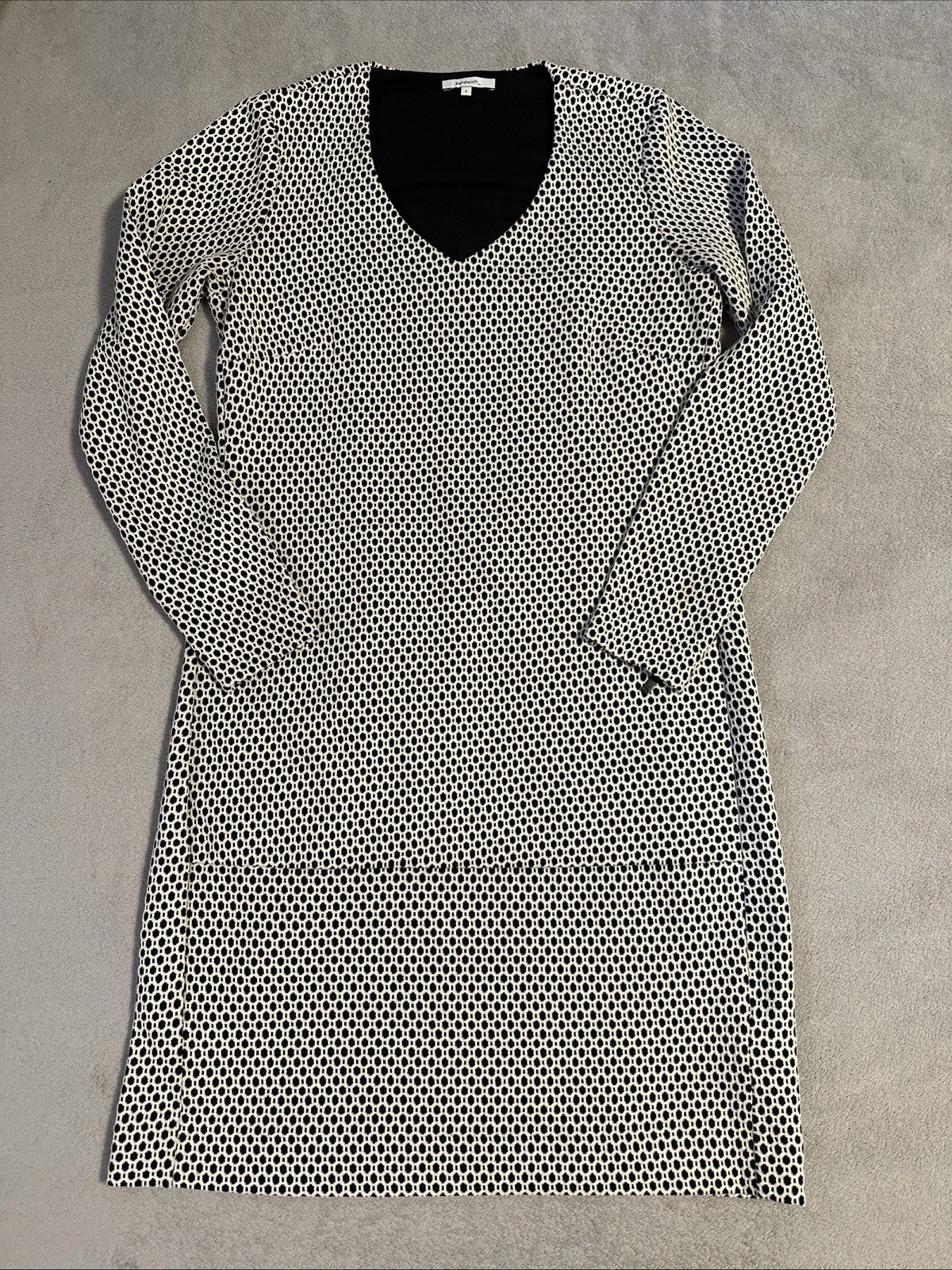 Sandwich Dress Small Long-Sleeve Midi Stretchy White Black Zippe