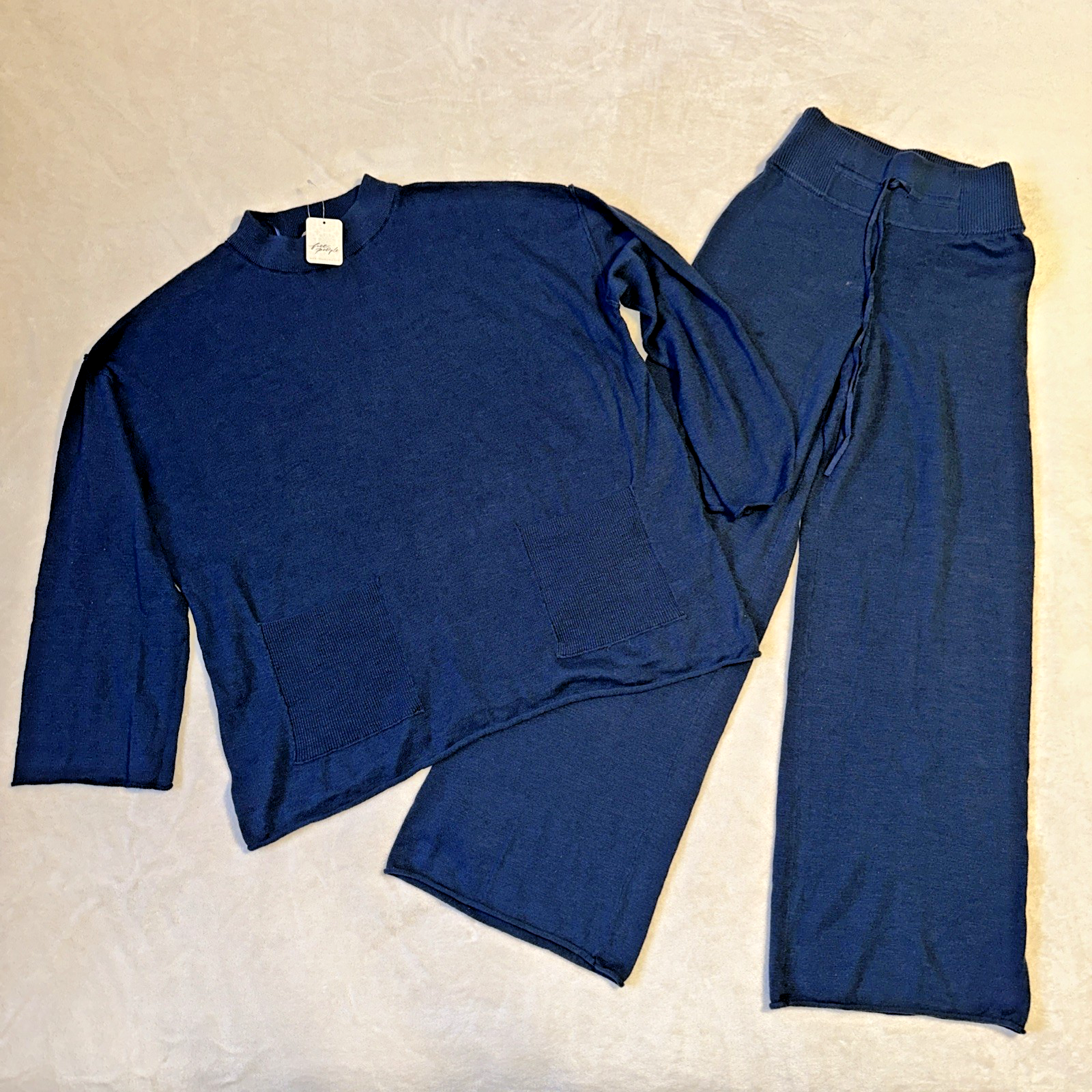 Free People Freesia Set Navy XS Cotton Linen Mock Neck Wide Leg
