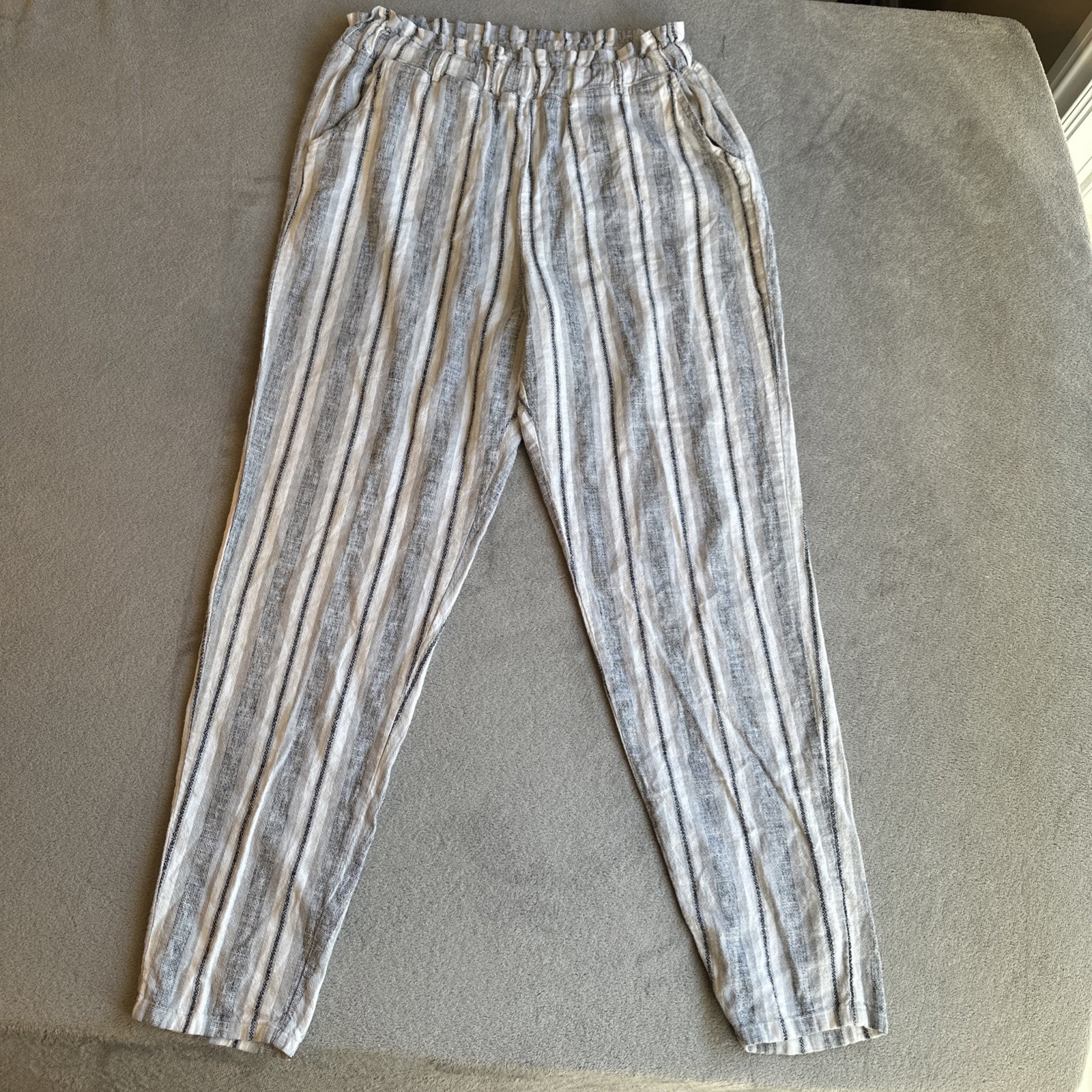Linen Cotton Pants Women's Medium Striped Pull-On Beach Boho Res