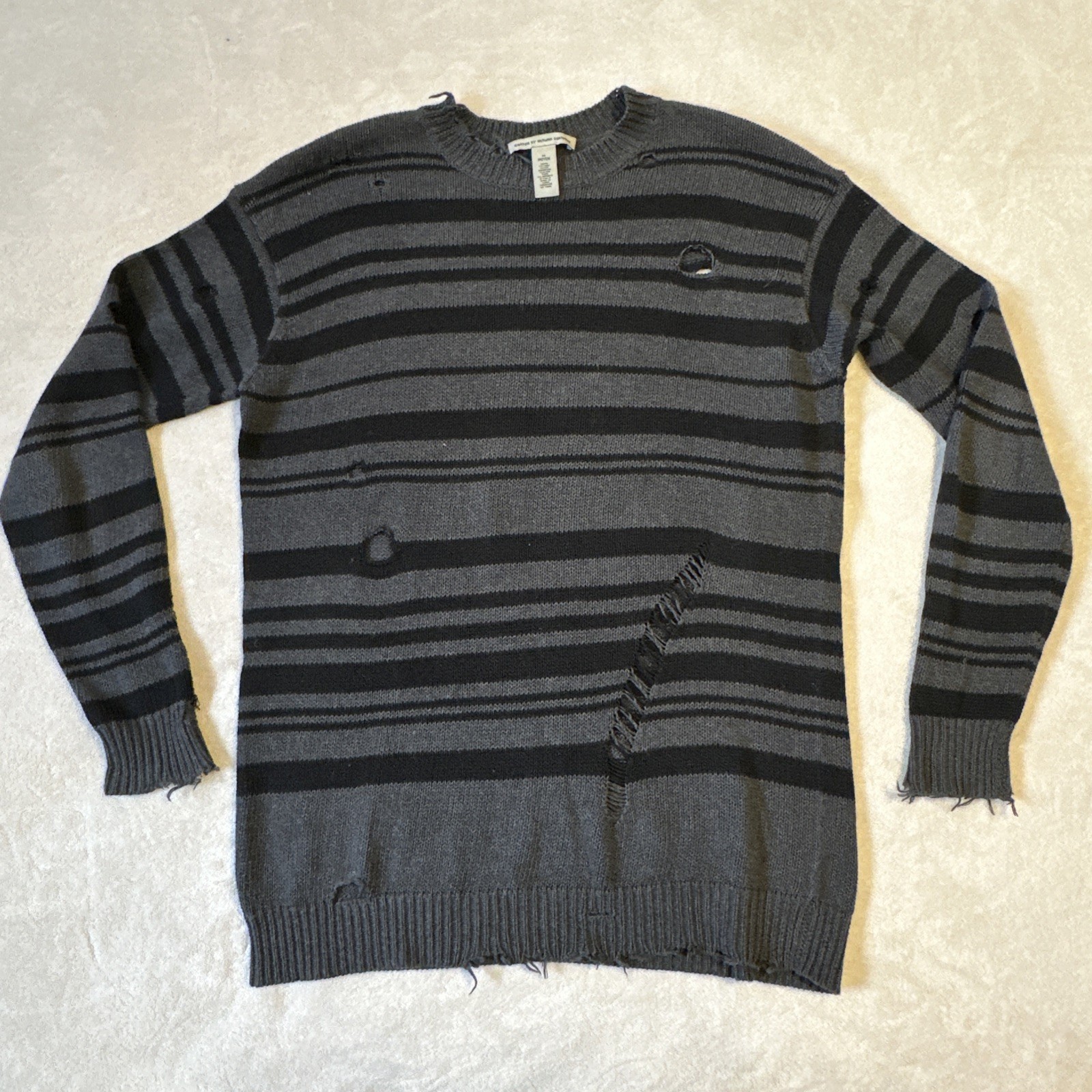 Autumn Cashmere Distressed Striped Sweater M Grey