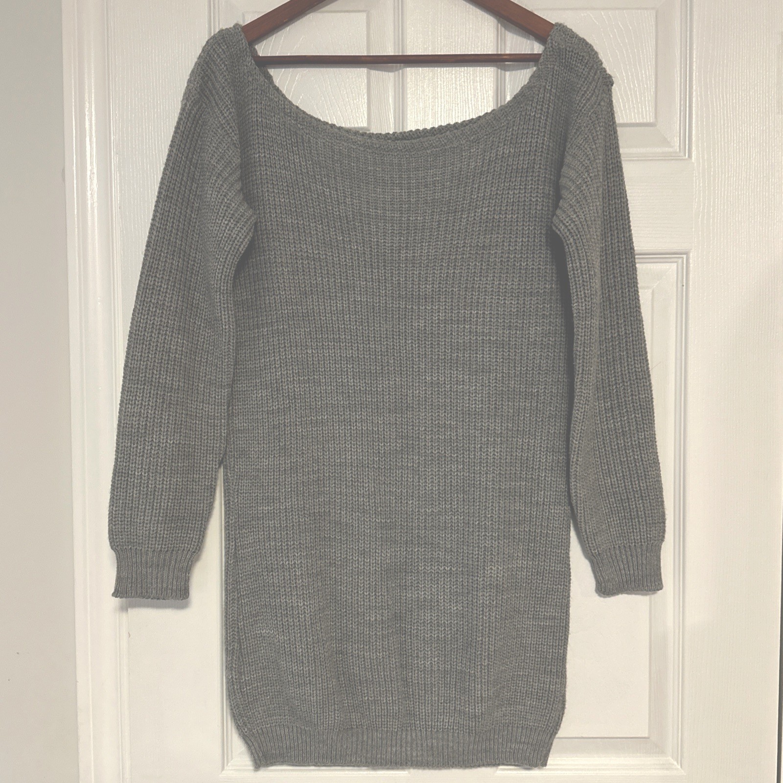 Missguided Grey Sweater Dress S/M Cottagecore Off-Shoulder Knitt