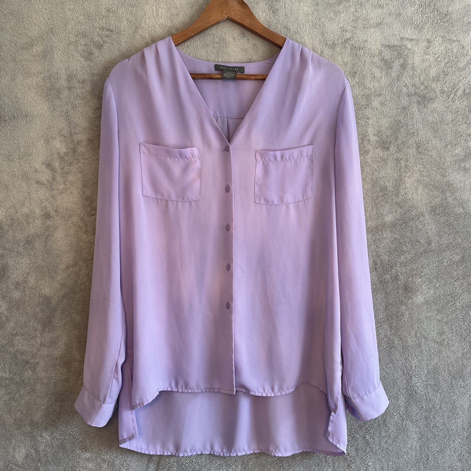 Suzy Shier Lavender Button-Down Blouse Large Purple Flowy Workwe