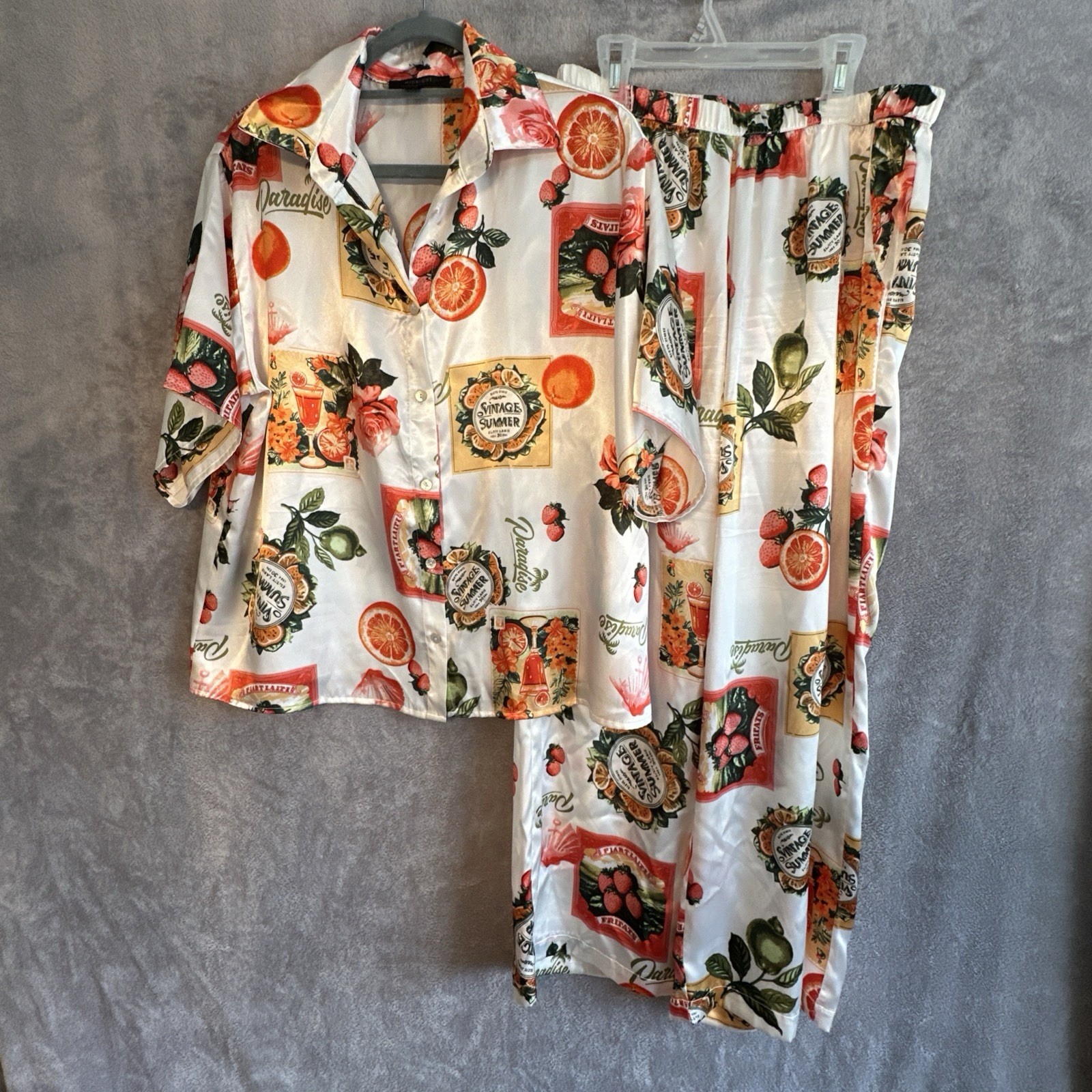 Midnight Bakery Fruit Print 2pc Pajama Set M Satin Pants Loungew