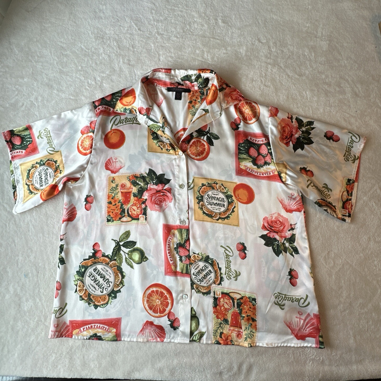 Midnight Bakery Fruit Print 2pc Pajama Set M Satin Pants Loungew - photo 2