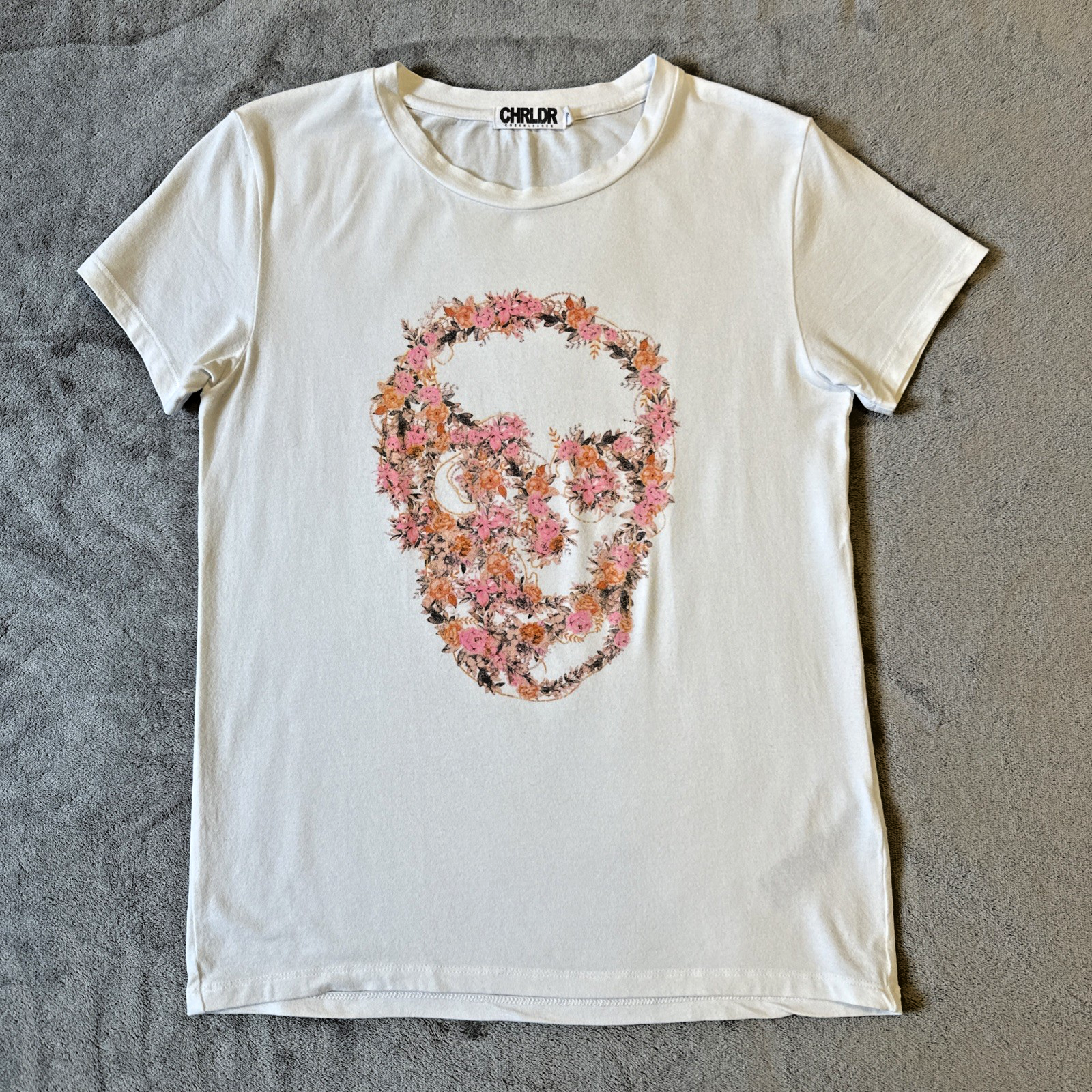 CHRLDR Flower Skull T-Shirt Small White Floral Graphic Cotton