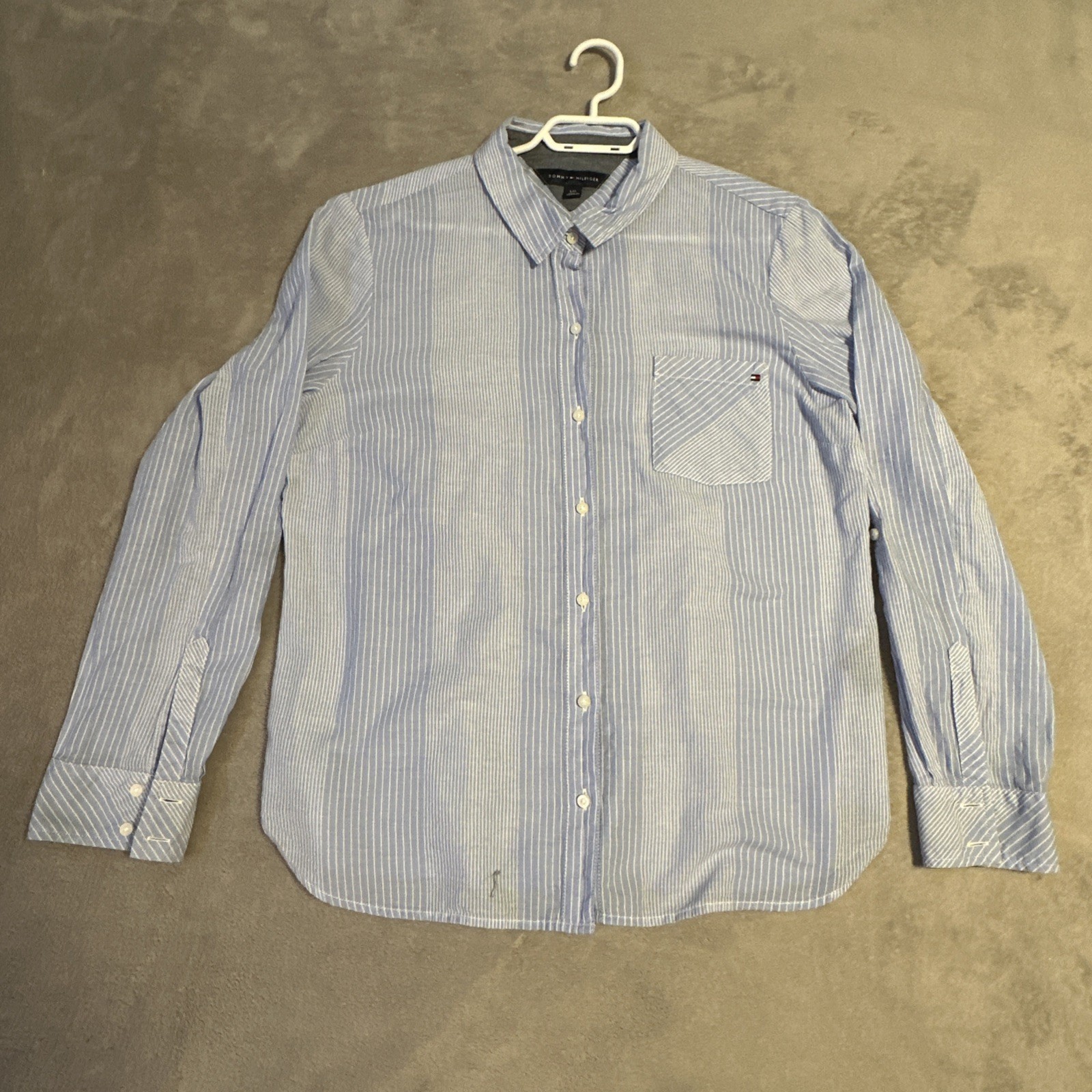 Tommy Hilfiger Button-Up Shirt Women's Large White Blue Stripe