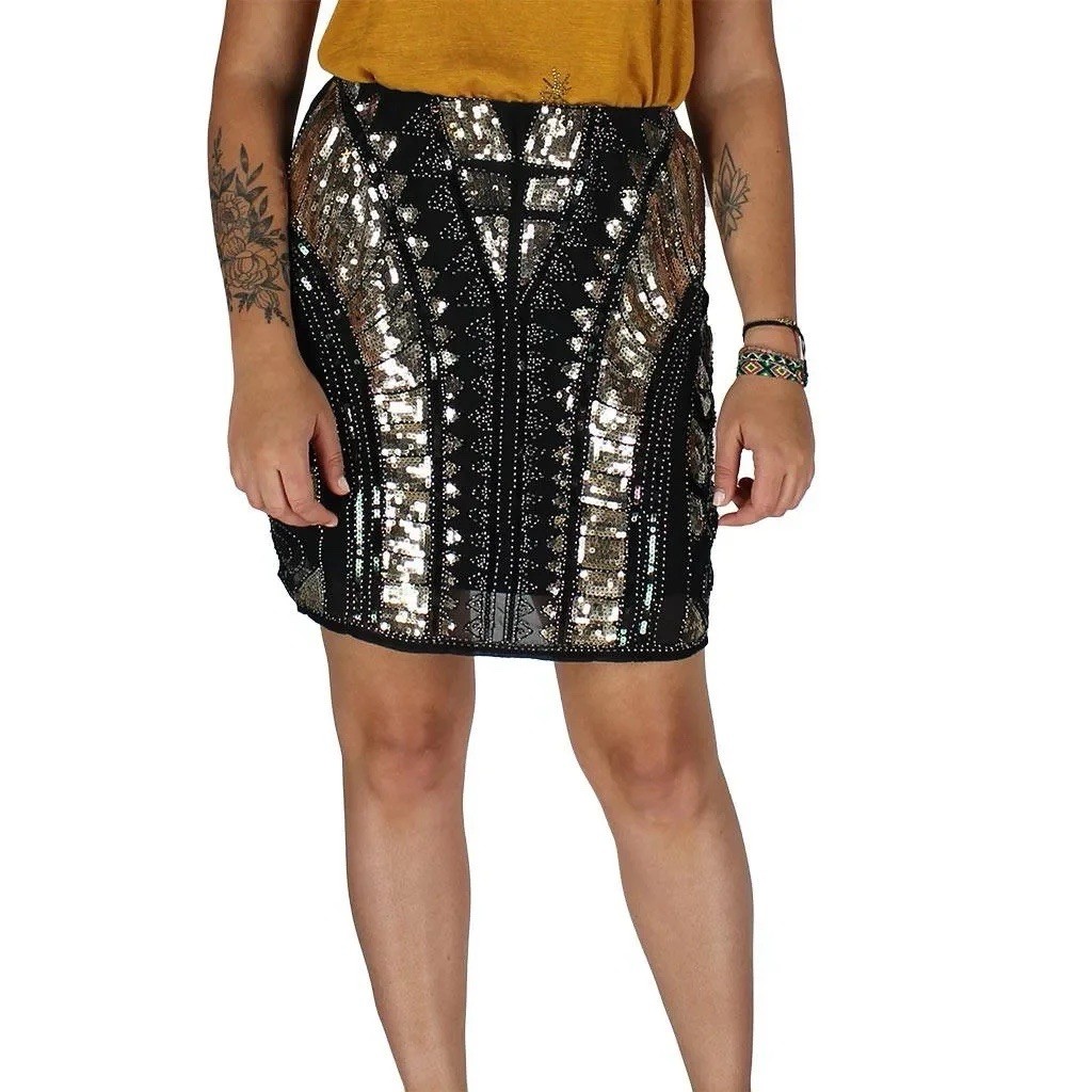 Molly Bracken Art Deco Sequin Mini Skirt - Gold & Black - Small