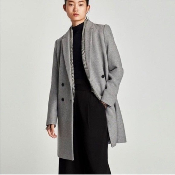 Zara TRF Light Gray Wool Blend Long Pea Coat Small